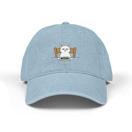 Embroidered Cat at Dinner Denim Hat Hats Printify One size Light Blue