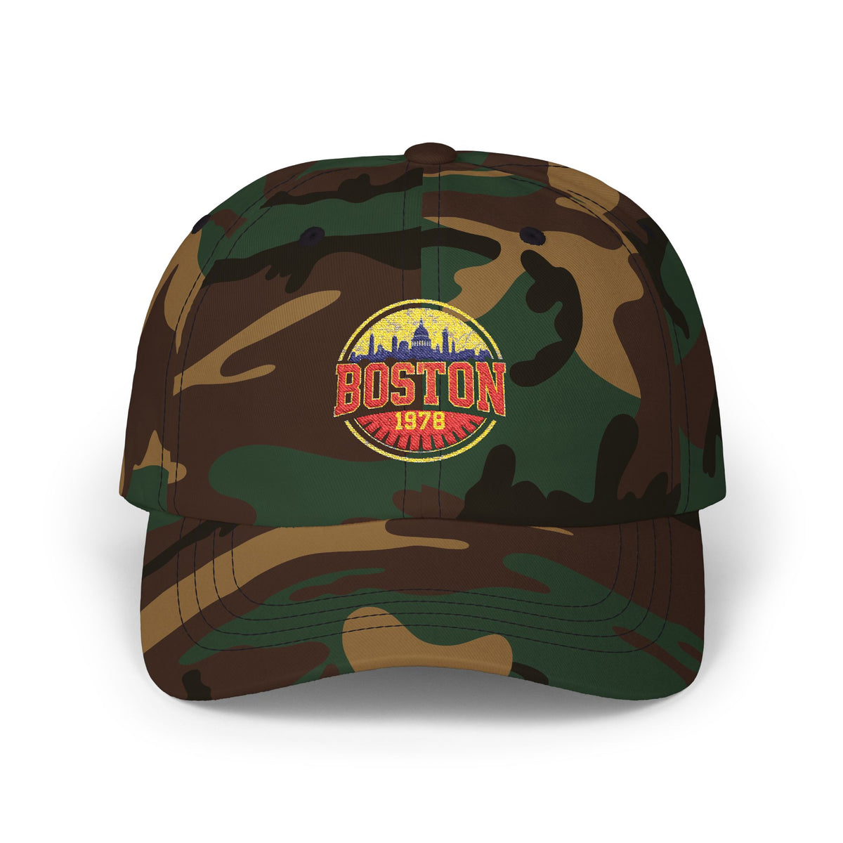 Boston Vintage Dad Cap – Retro Skyline Embroidered Baseball Hat Hats Printify Green Camo One size