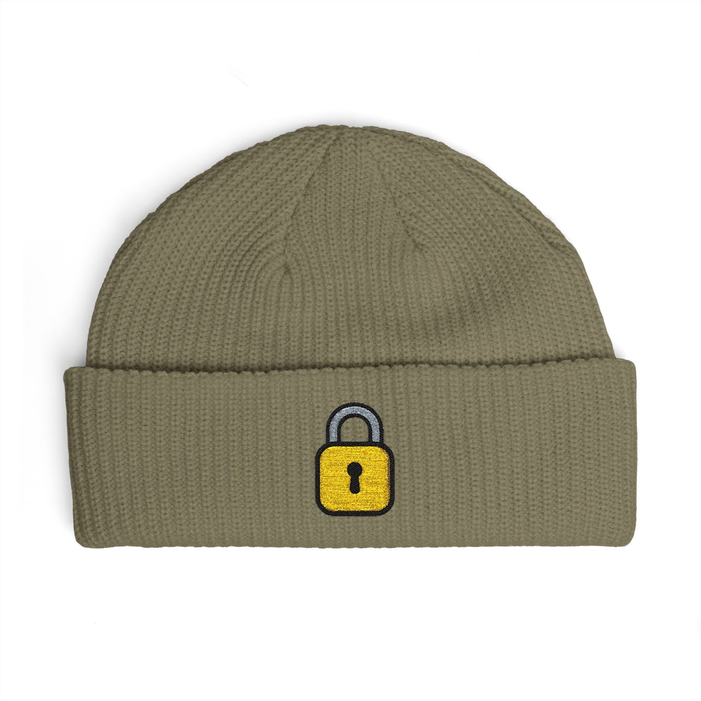 Embroidered Lock Cuff Beanie – Secure Padlock Knit Hat Hats Printify One size Eucalyptus
