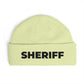 Cuff Beanie - 'SHRIFF' Embroidered Knit Hat (Festive Green-Gold Lettering) Hats Printify