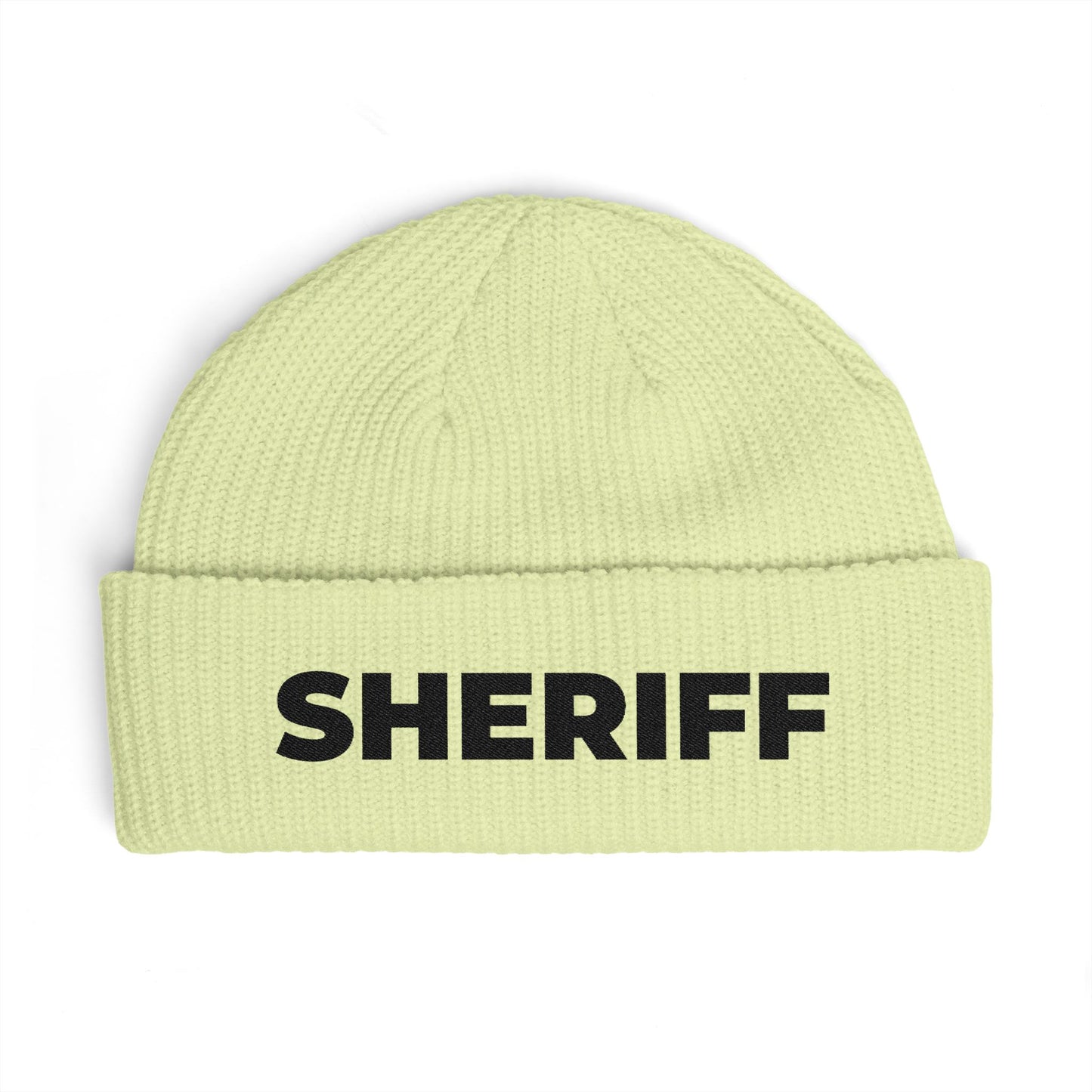 Cuff Beanie - 'SHRIFF' Embroidered Knit Hat (Festive Green-Gold Lettering) Hats Printify