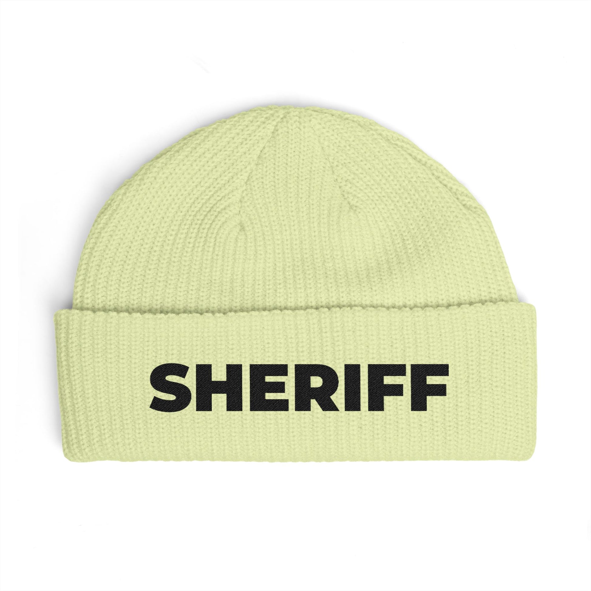 Cuff Beanie - 'SHRIFF' Embroidered Knit Hat (Festive Green-Gold Lettering) Hats Printify