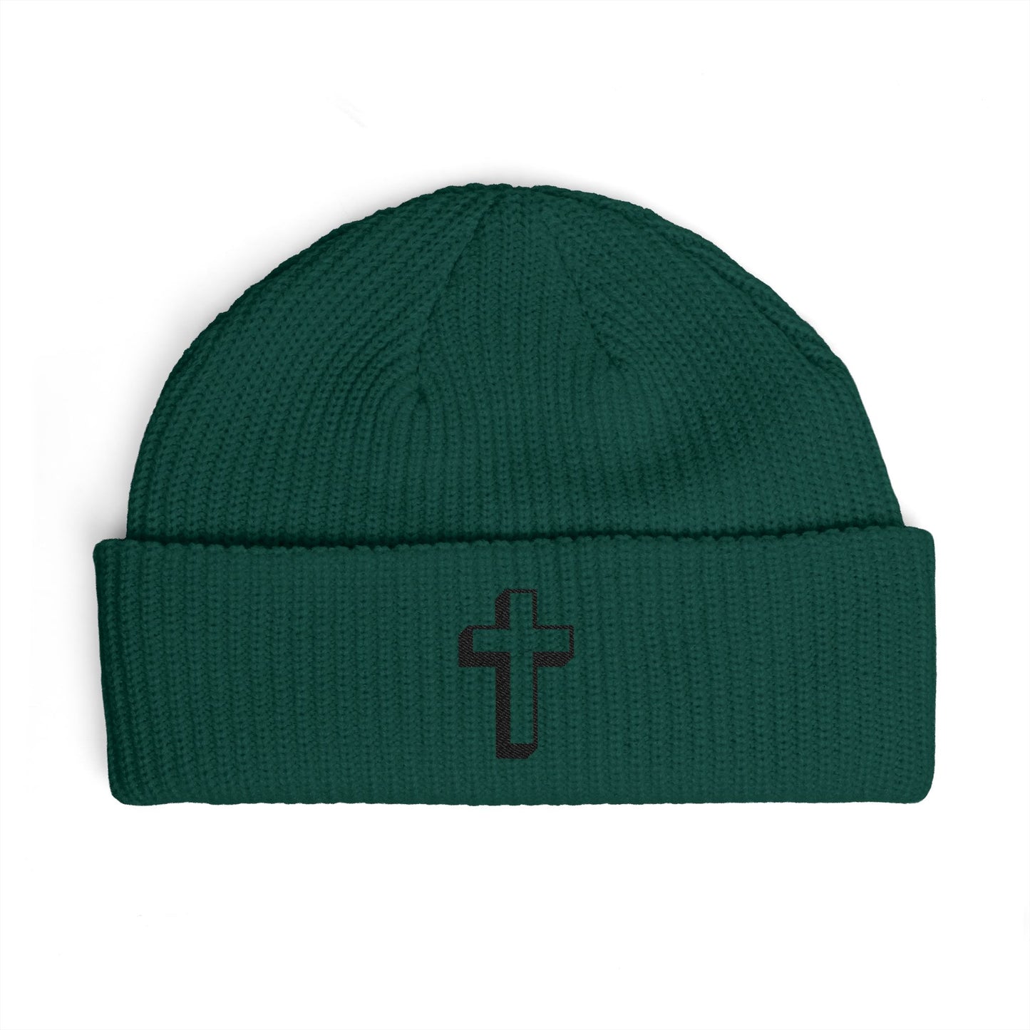 Embroidered Cross Cuff Beanie — Minimal Faith Knit Hat Hats Printify