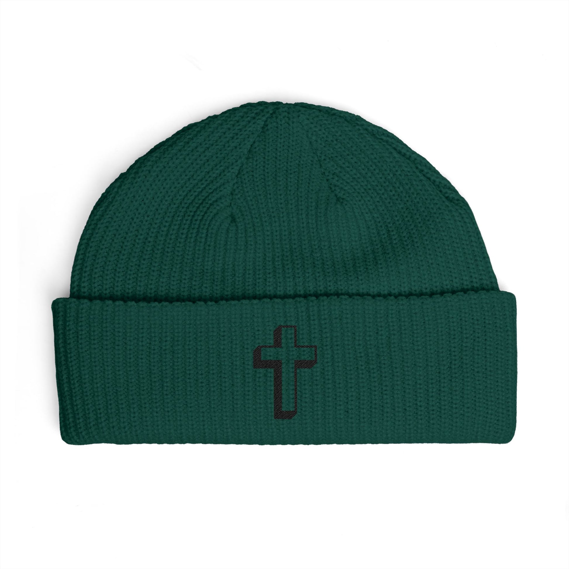 Embroidered Cross Cuff Beanie — Minimal Faith Knit Hat Hats Printify