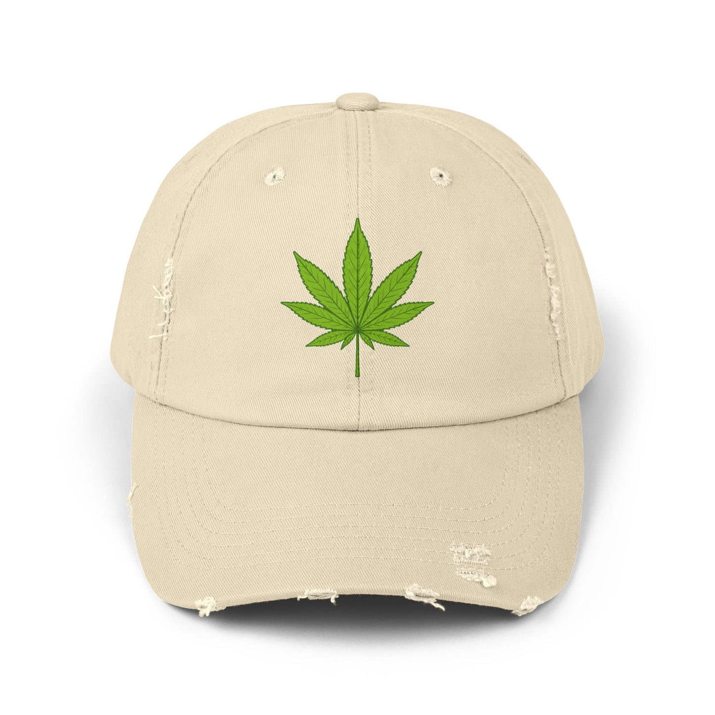 Distressed Black Cap with Green Cannabis Leaf Embroidery Hats Printify Stone One size