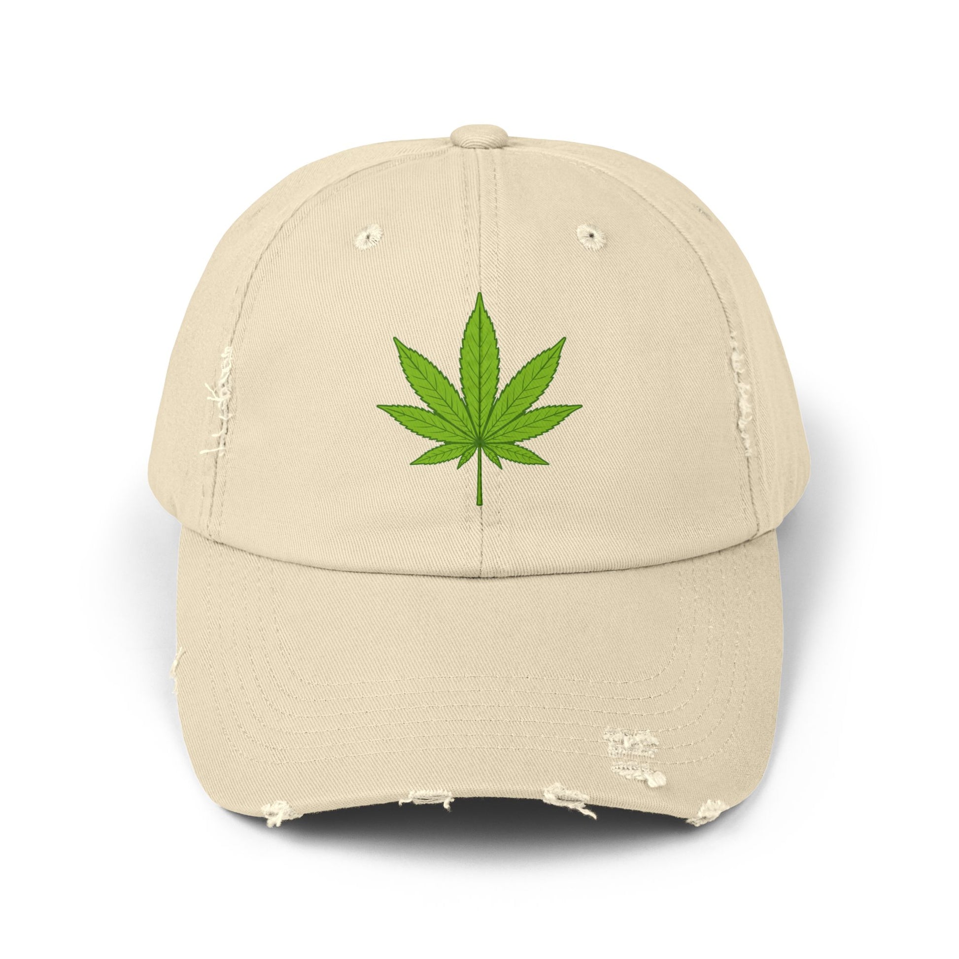 Distressed Black Cap with Green Cannabis Leaf Embroidery Hats Printify Stone One size