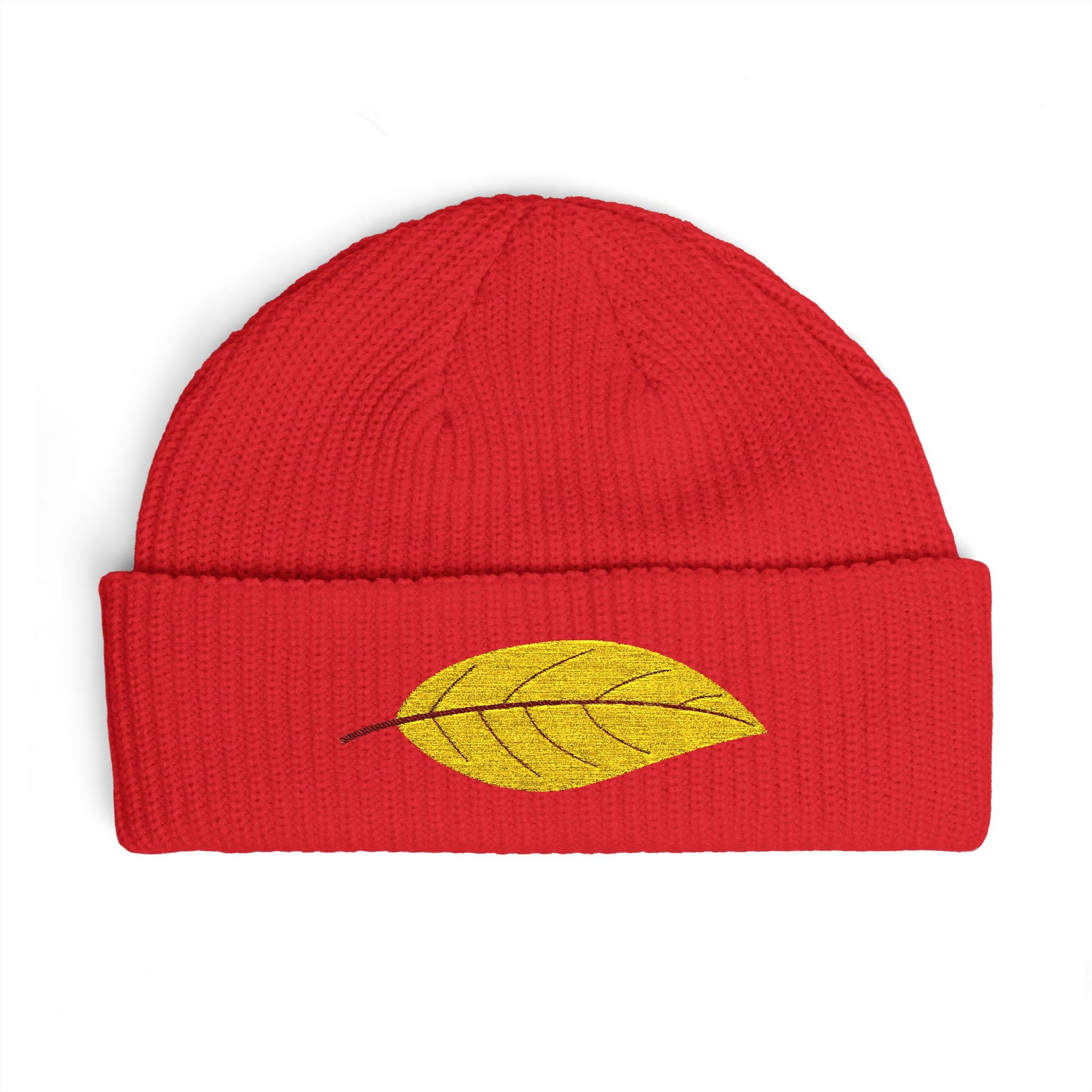 Embroidered Golden Leaf Cuff Beanie Hats Printify One size Red