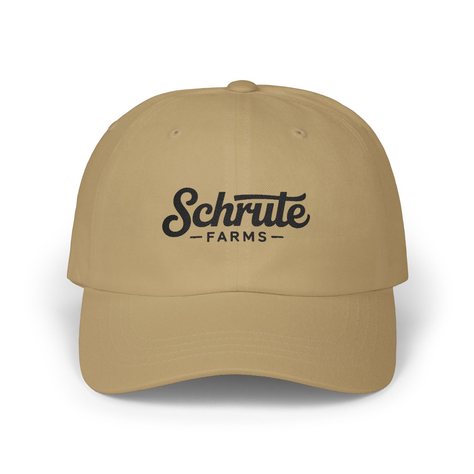 Schrute Farms Dad Cap — Vintage Script Embroidered Baseball Hat Hats Printify Khaki One size
