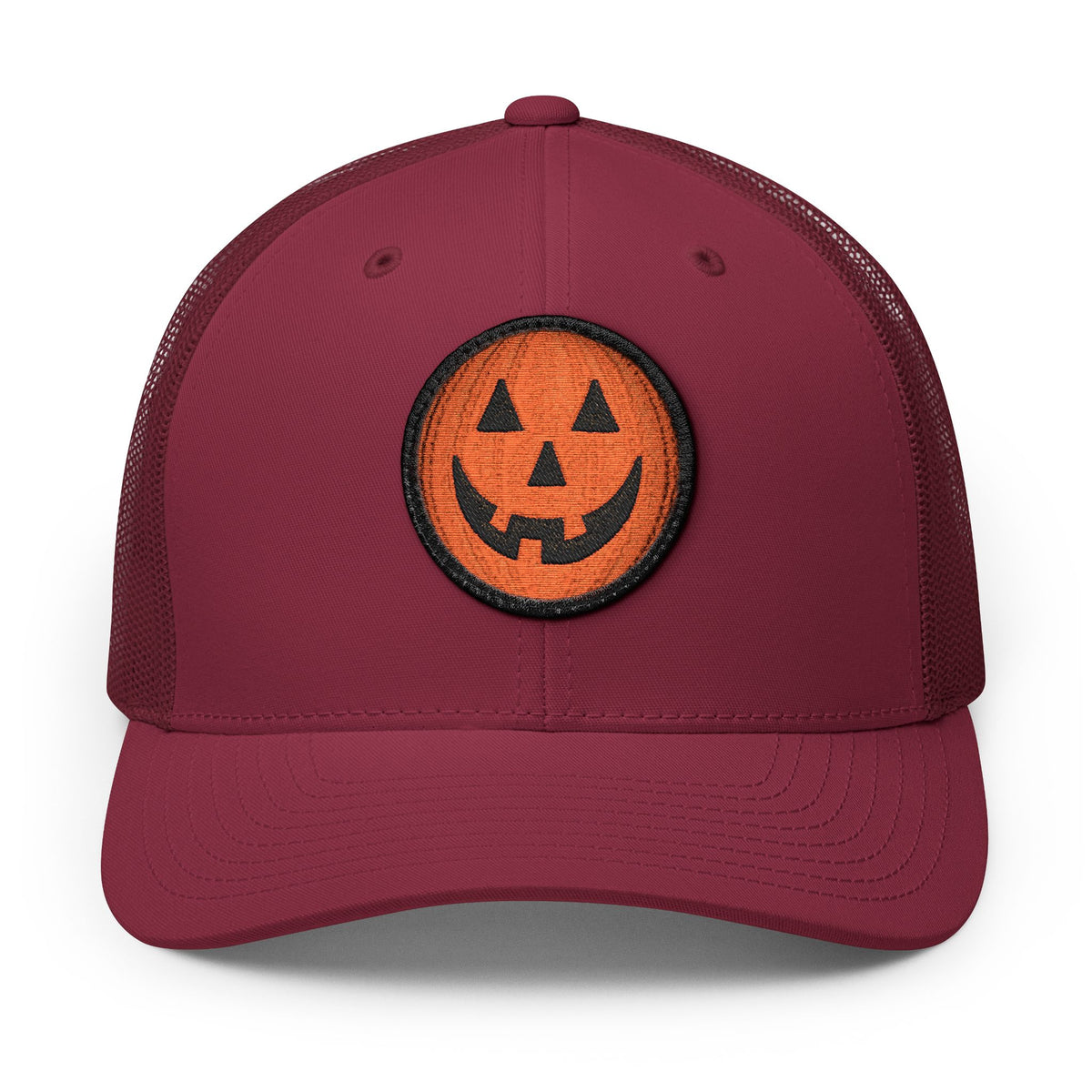 Halloween Pumpkin Jack-O’-Lantern Trucker Cap Hats Printify Circle One size Cranberry / White patch