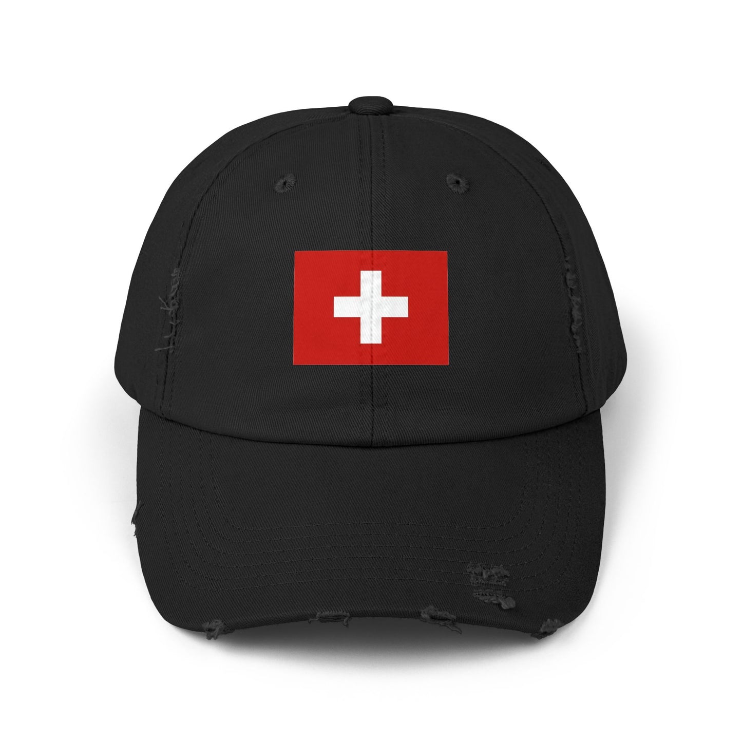 Swiss Flag Distressed Cap — Vintage Red Cross Baseball Hat Hats Printify Black One size