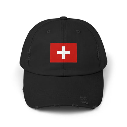 Swiss Flag Distressed Cap — Vintage Red Cross Baseball Hat Hats Printify Black One size