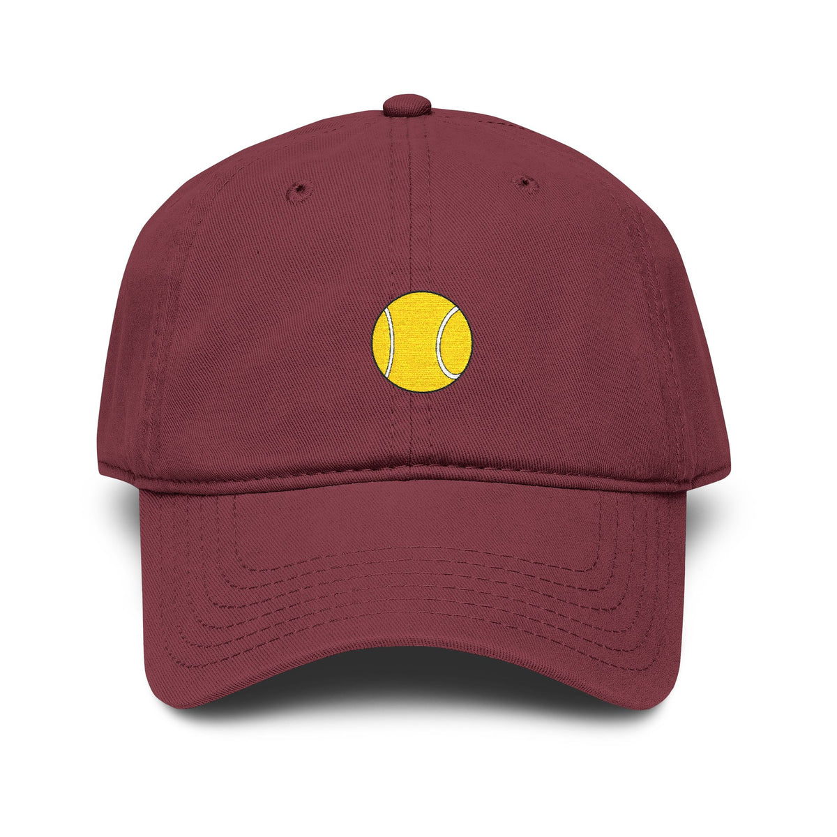 Washed Baseball Cap with Tiny Yellow Tennis Ball Embroidery Hats Printify One size Maroon