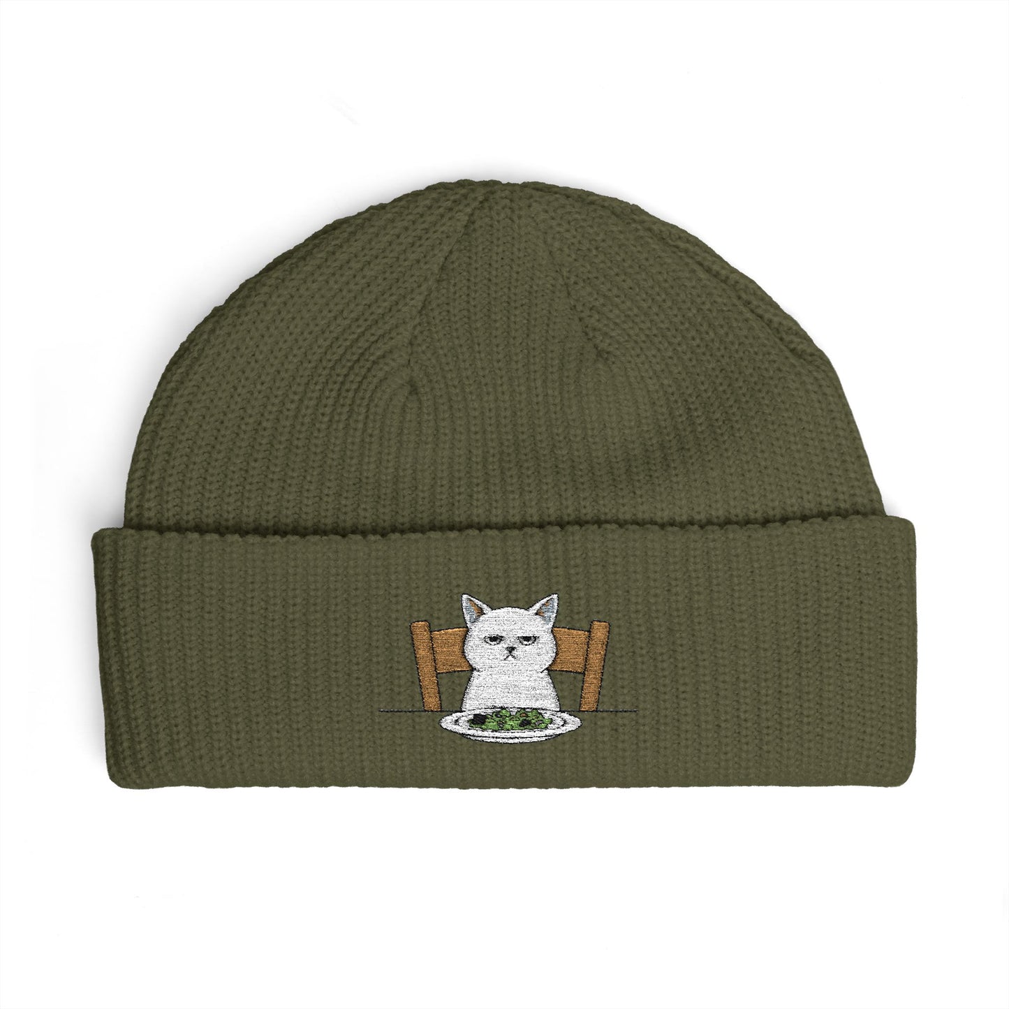 Cuffed Beanie with Embroidered White Cat on Chair – Cozy Cute Winter Hat Hats Printify One size Army