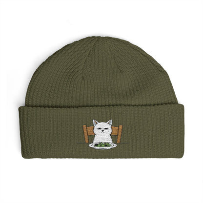 Cuffed Beanie with Embroidered White Cat on Chair – Cozy Cute Winter Hat Hats Printify One size Army