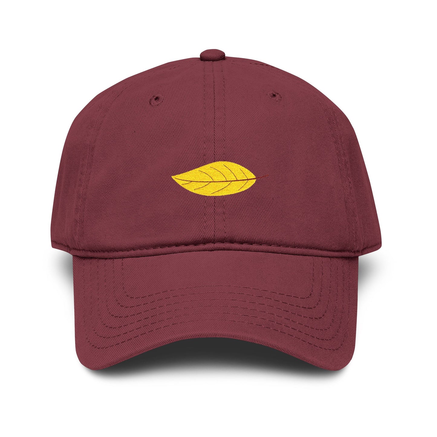 Washed Cotton Baseball Cap with Embroidered Yellow Leaf – Casual Fall Hat