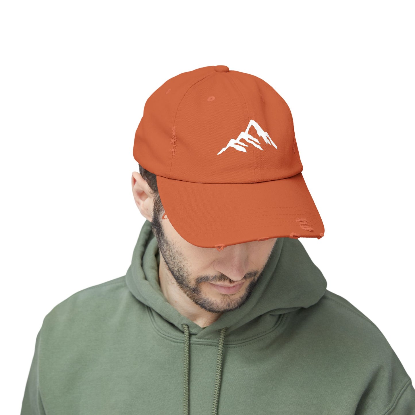 Distressed Mountain Hat — Minimal White Peak Embroidered Cap