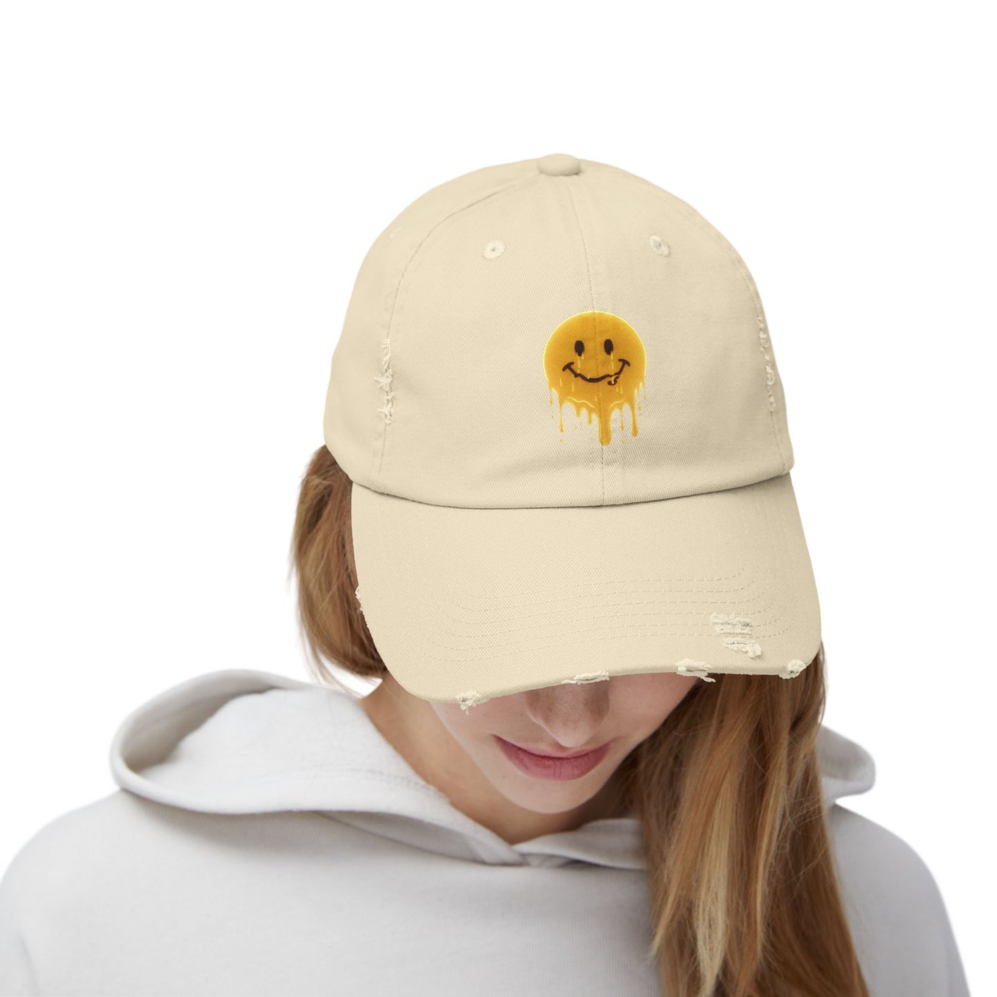 Distressed Melting Smiley Cap — Grunge Drip Dad Hat Hats Printify