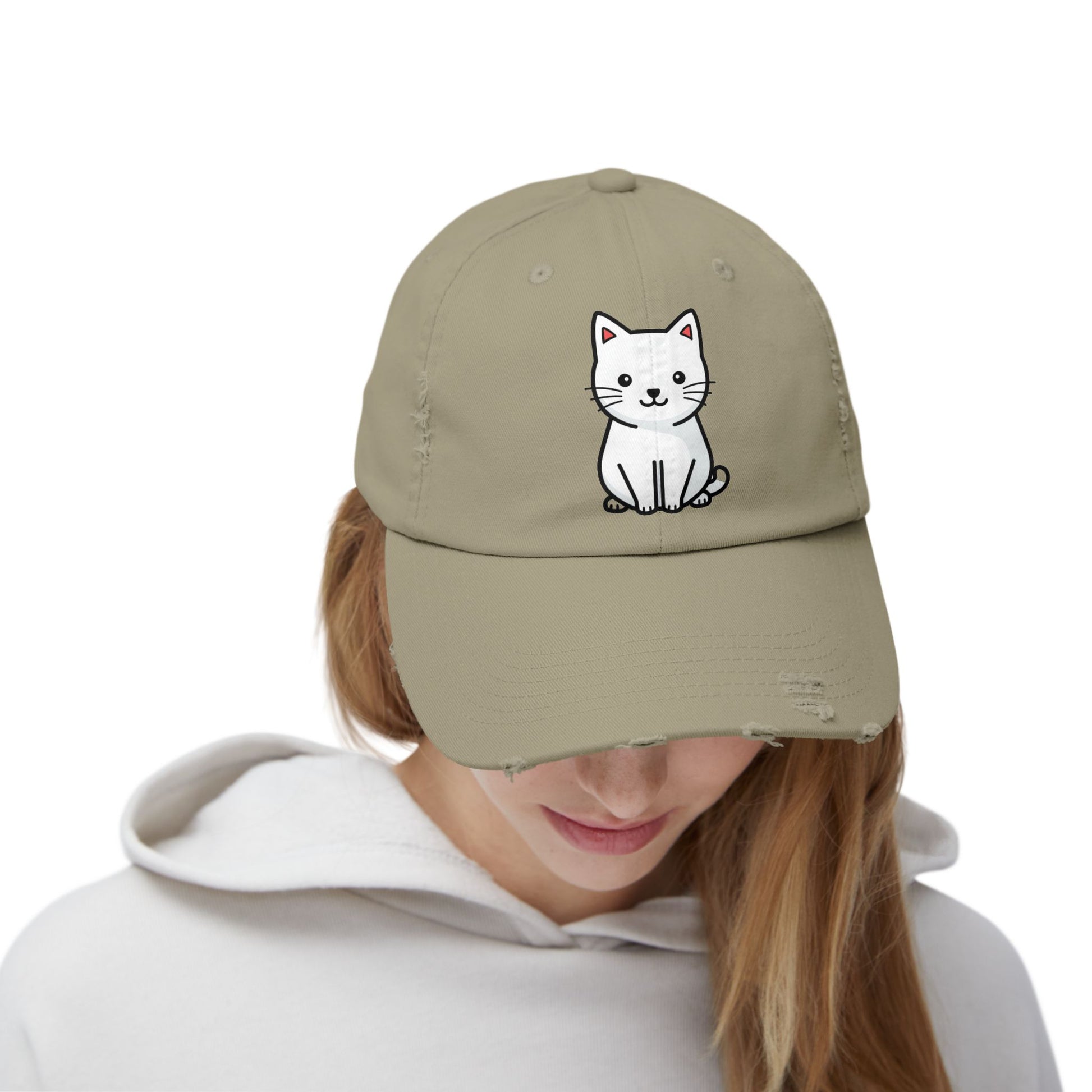 Distressed Black Cap with Cute White Cat Graphic Hats Printify