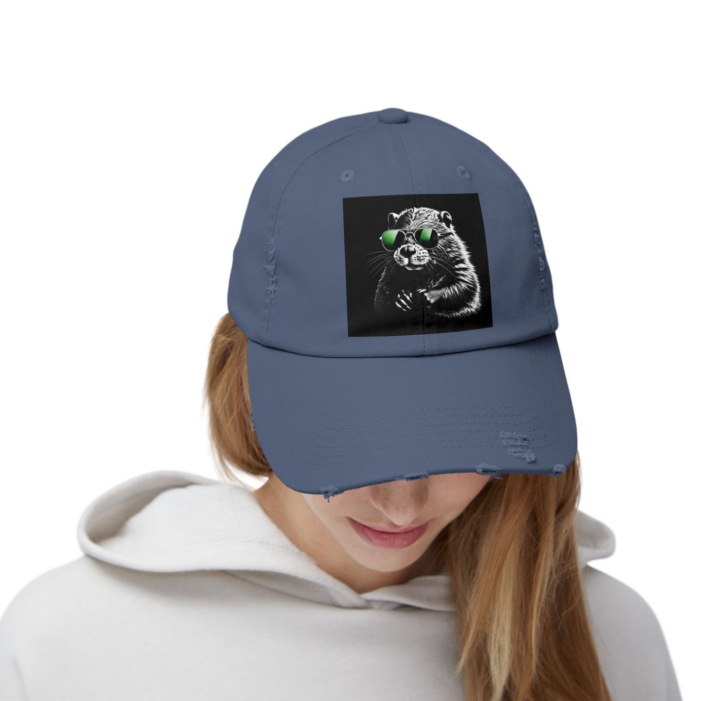 Distressed Cap — Cool Raccoon with Green Sunglasses Hat