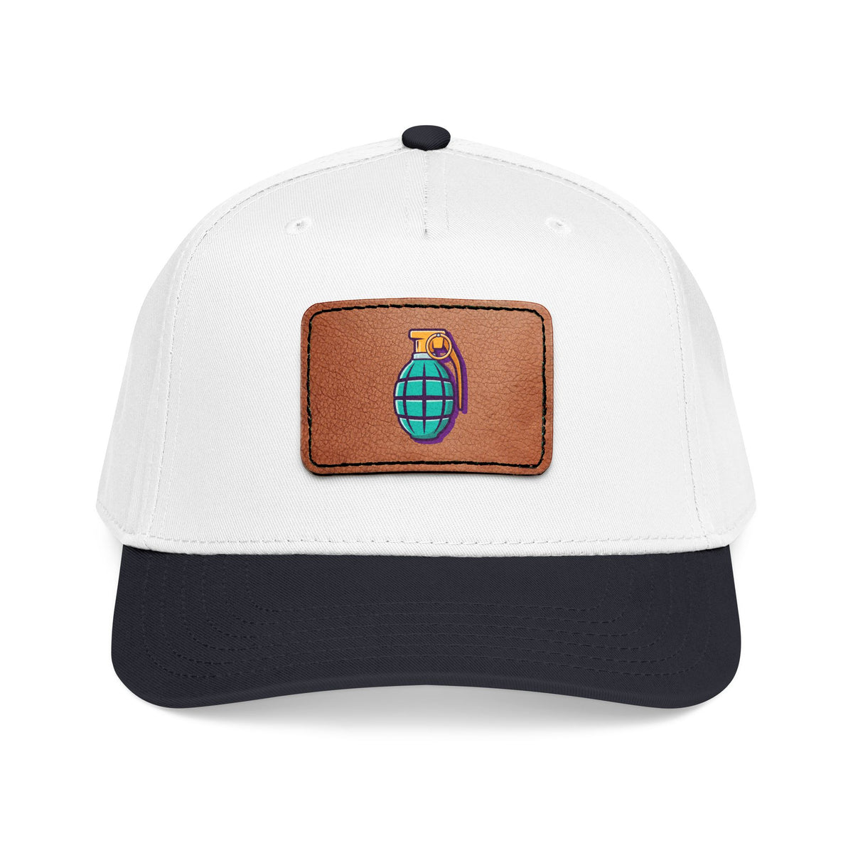Leather Patch Baseball Cap — Retro Grenade Patch Hat Hats Printify One size Black / White / Light Brown patch Rectangle