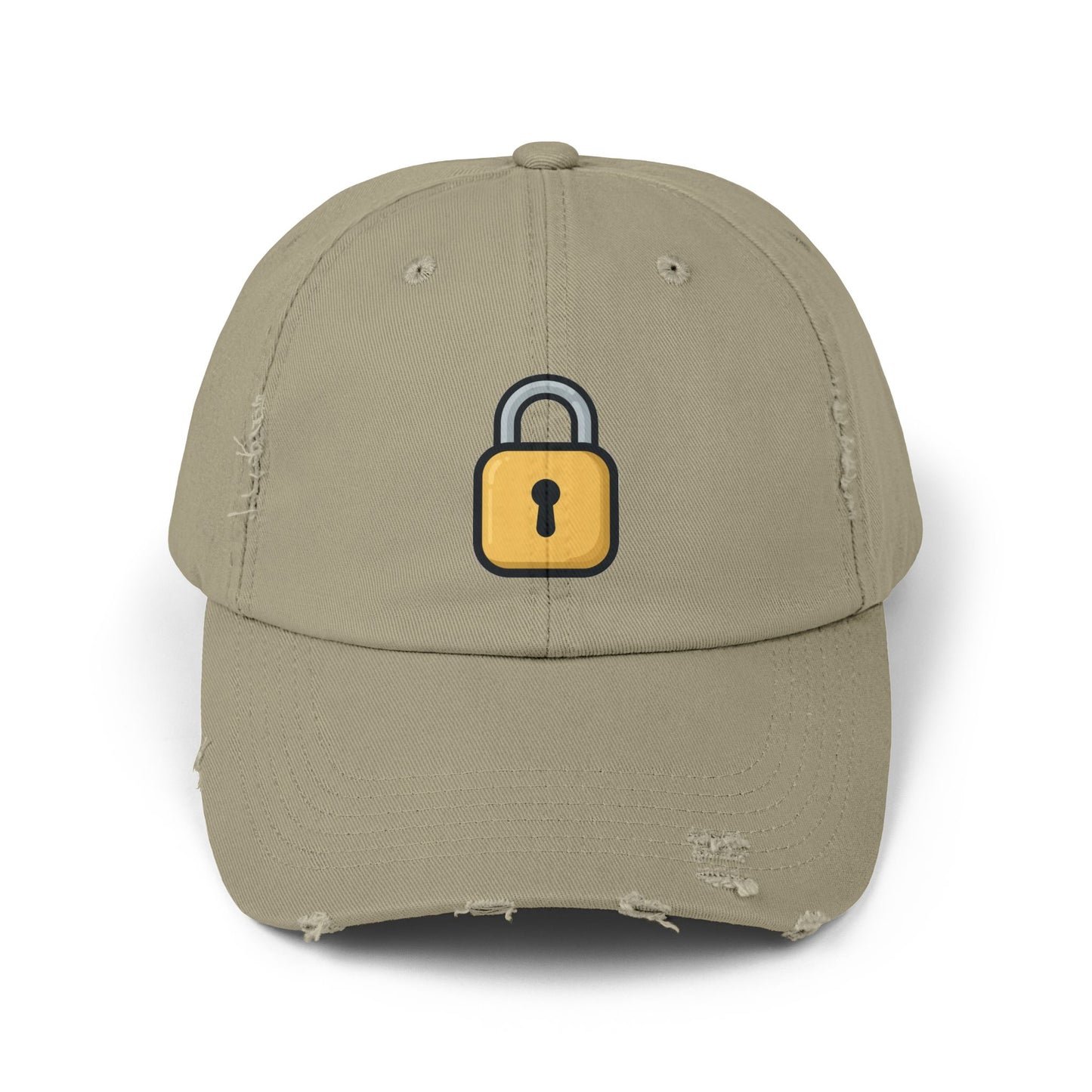 Padlock Distressed Cap — Minimal Lock Embroidered Baseball Hat Hats Printify Light Olive One size