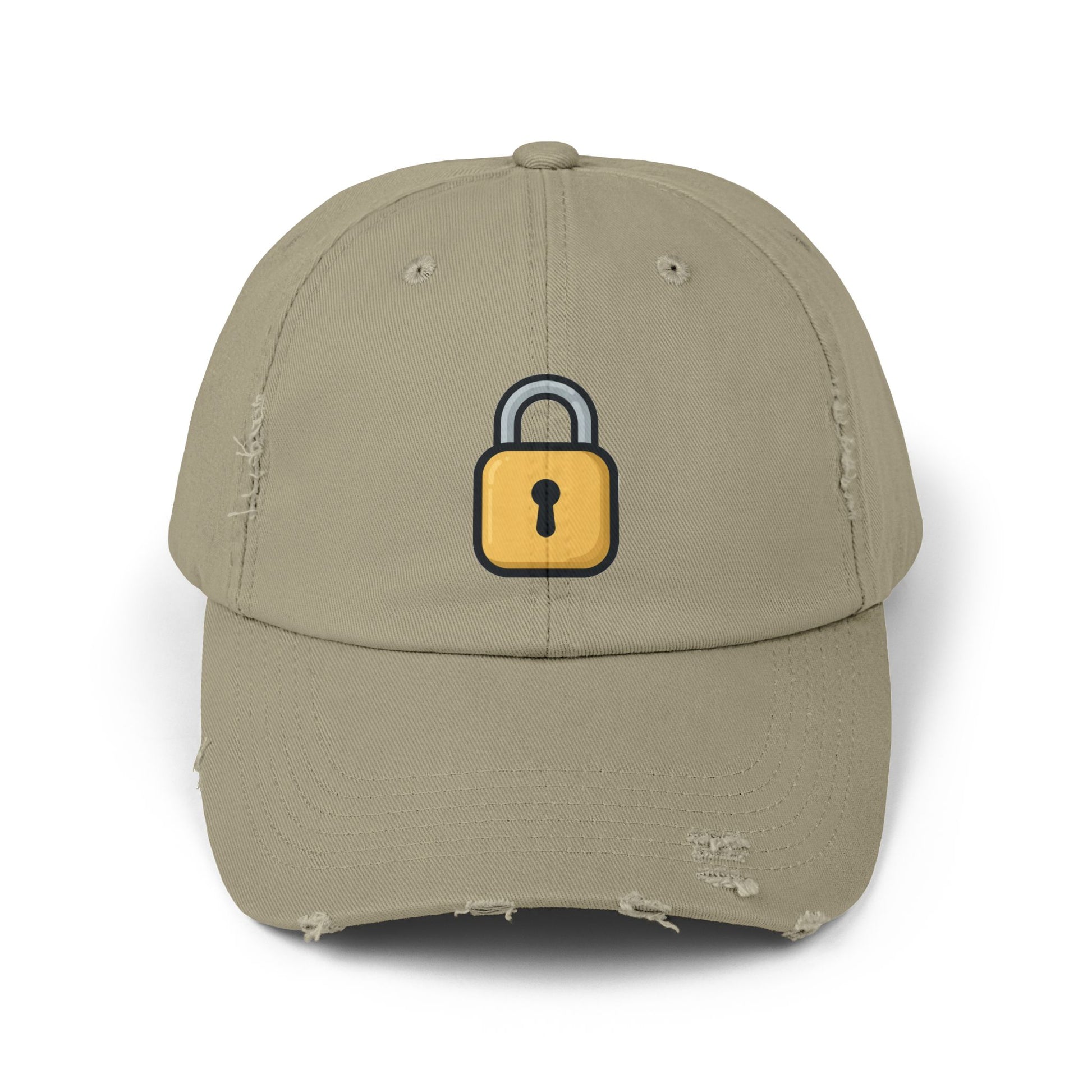 Padlock Distressed Cap — Minimal Lock Embroidered Baseball Hat Hats Printify Light Olive One size
