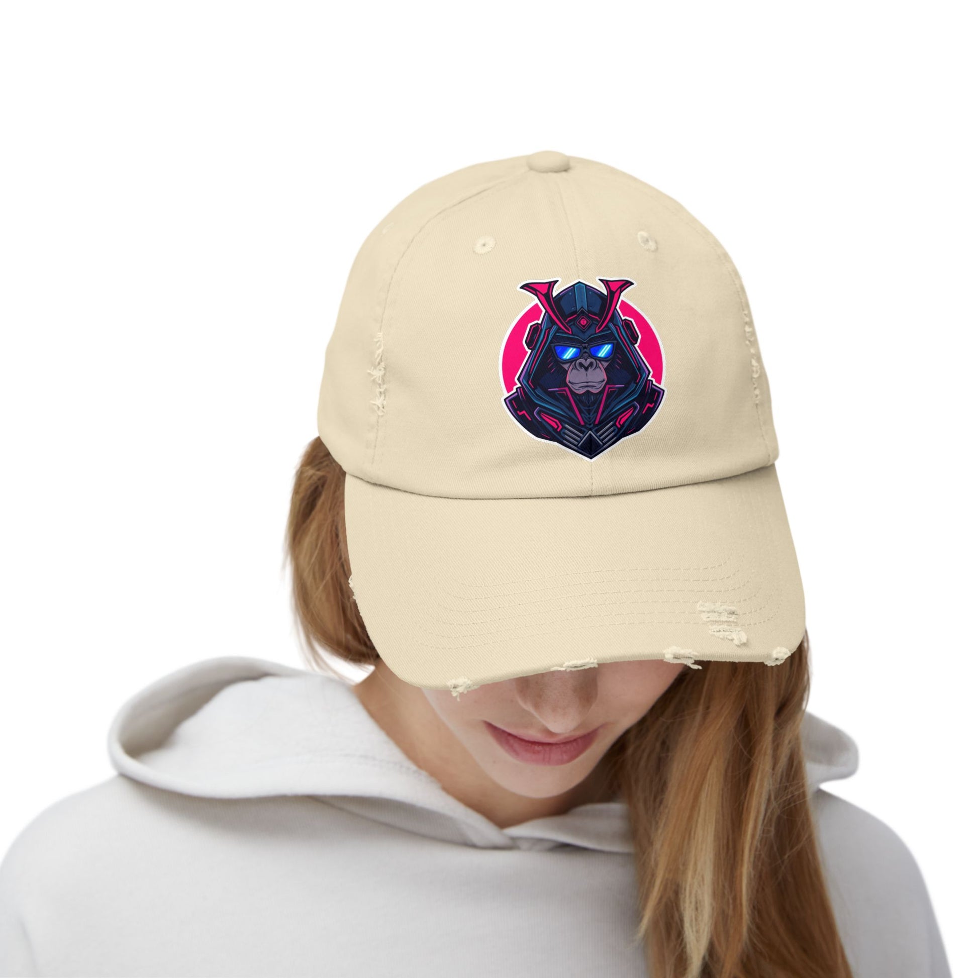 Samurai Skull Distressed Cap — Neon Retro Gamer Hat Hats Printify