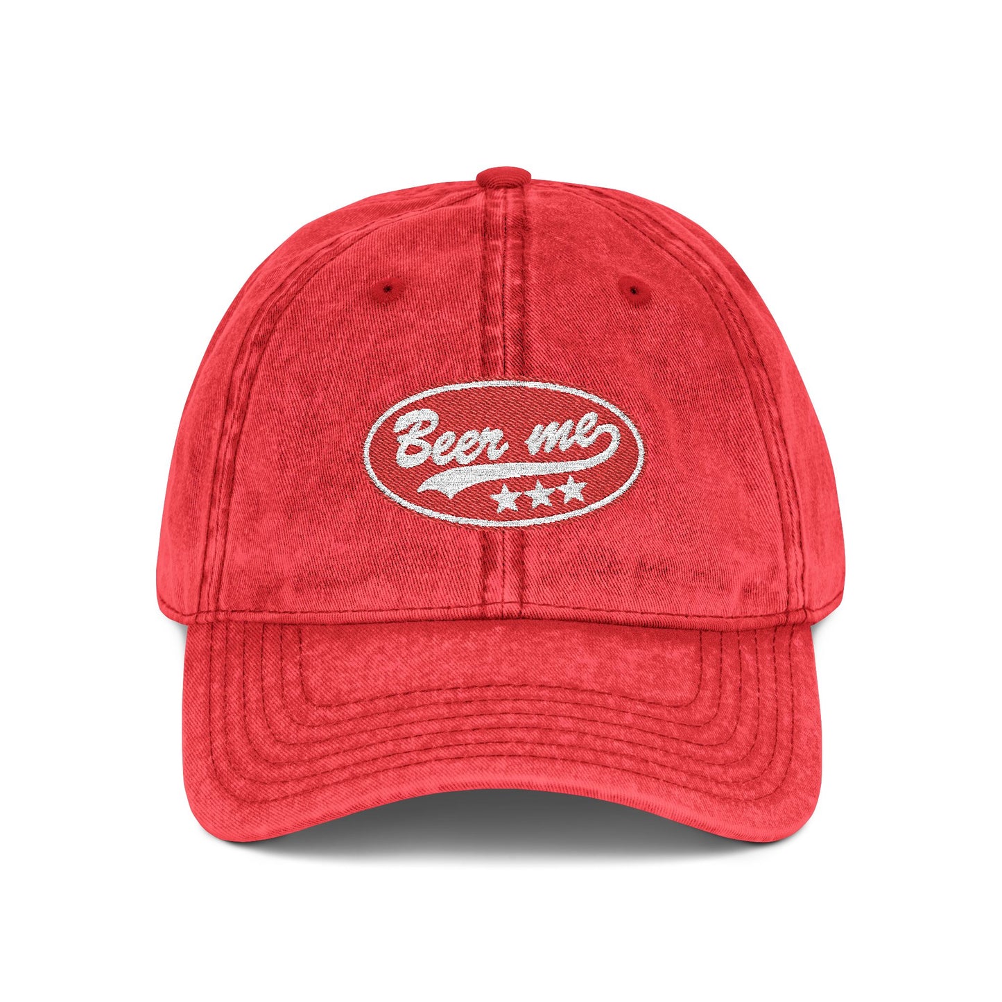 Vintage Embroidered 'Beer Me' Cap — Distressed Red Baseball Hat