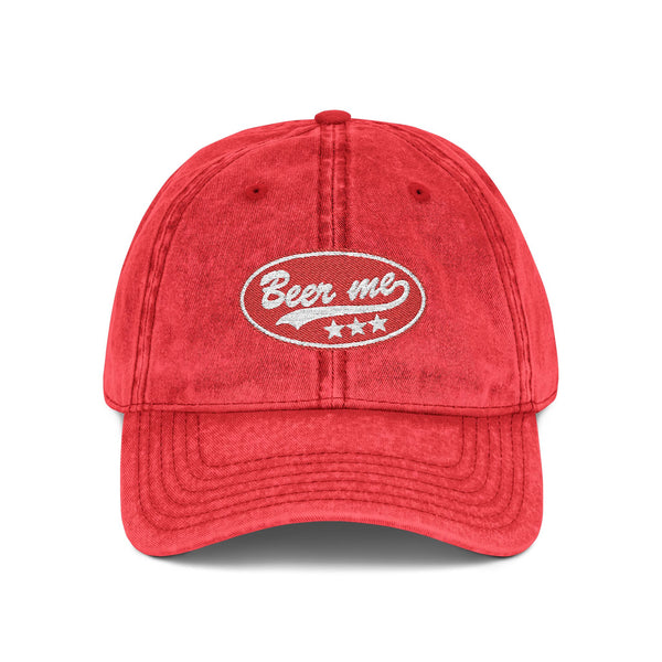 Vintage Embroidered 'Beer Me' Cap — Distressed Red Baseball Hat Hats Printify One size Red