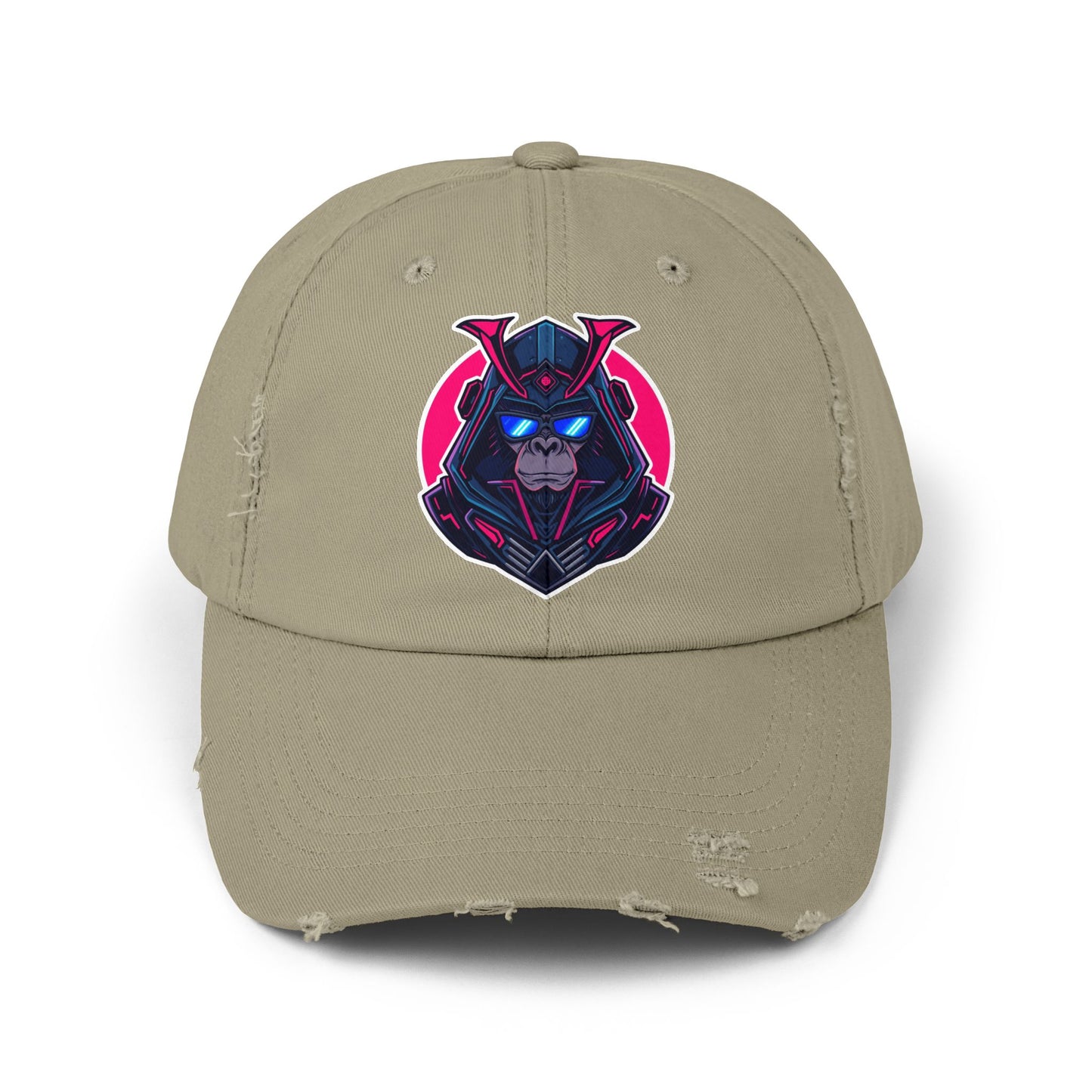 Samurai Skull Distressed Cap — Neon Retro Gamer Hat Hats Printify Light Olive One size