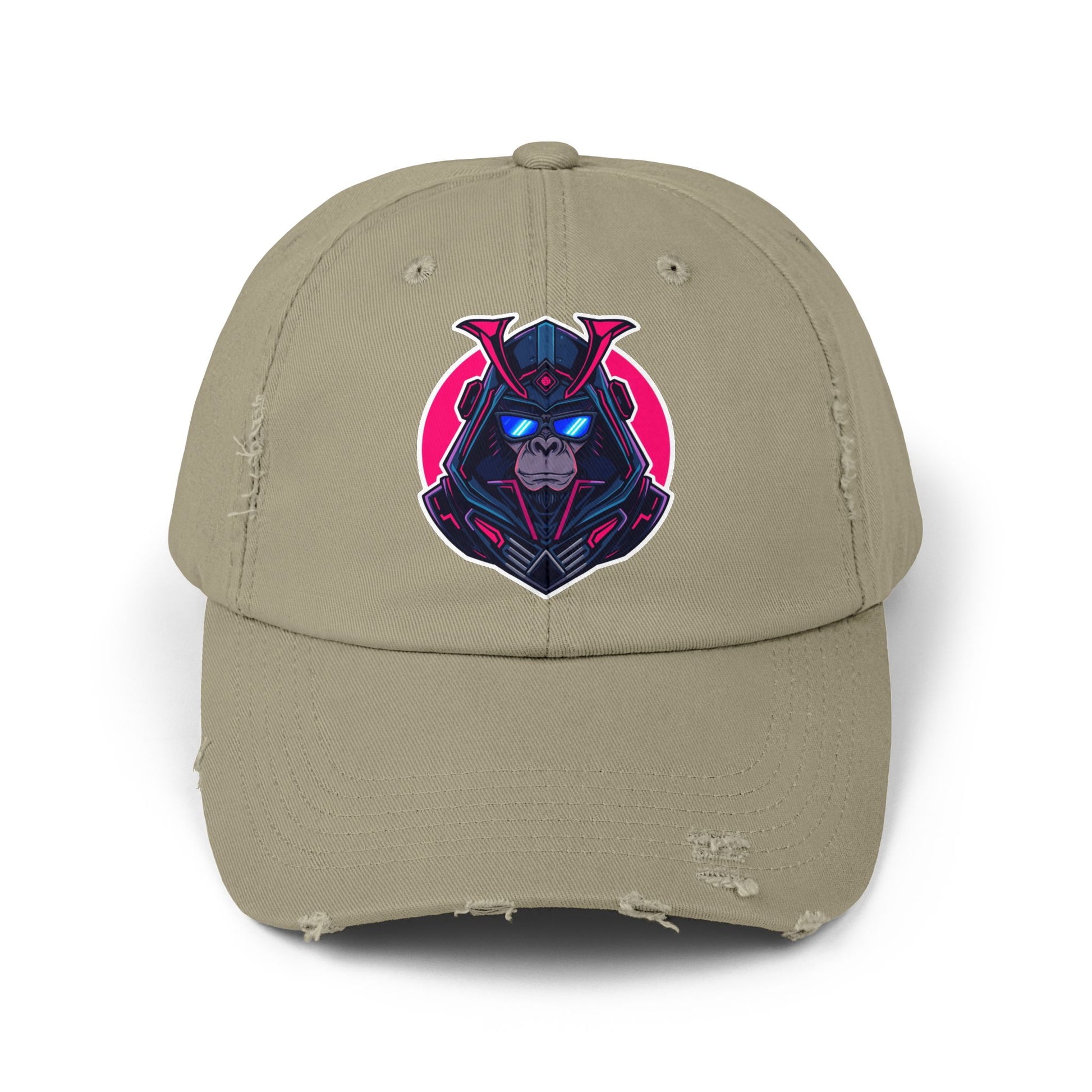 Samurai Skull Distressed Cap — Neon Retro Gamer Hat Hats Printify Light Olive One size