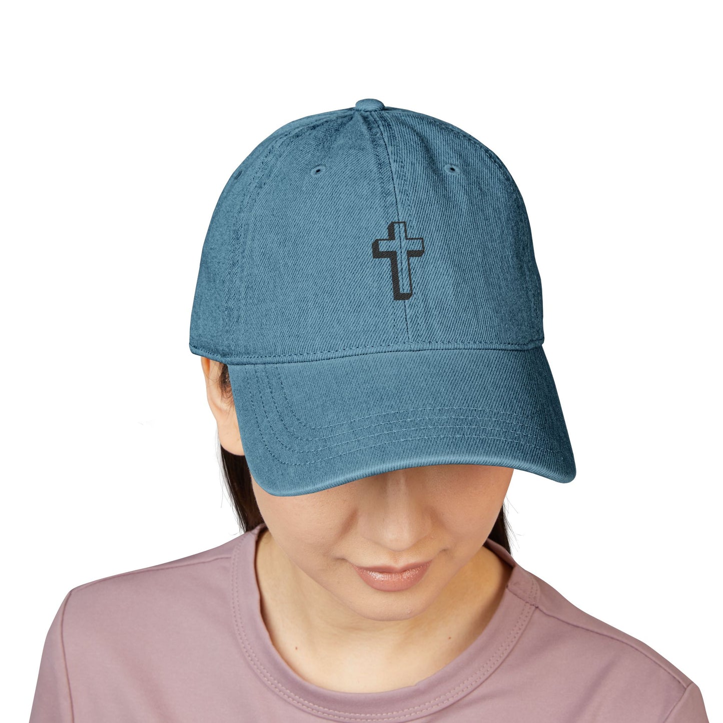 Embroidered Cross Denim Hat — Black Church Baseball Cap Hats Printify