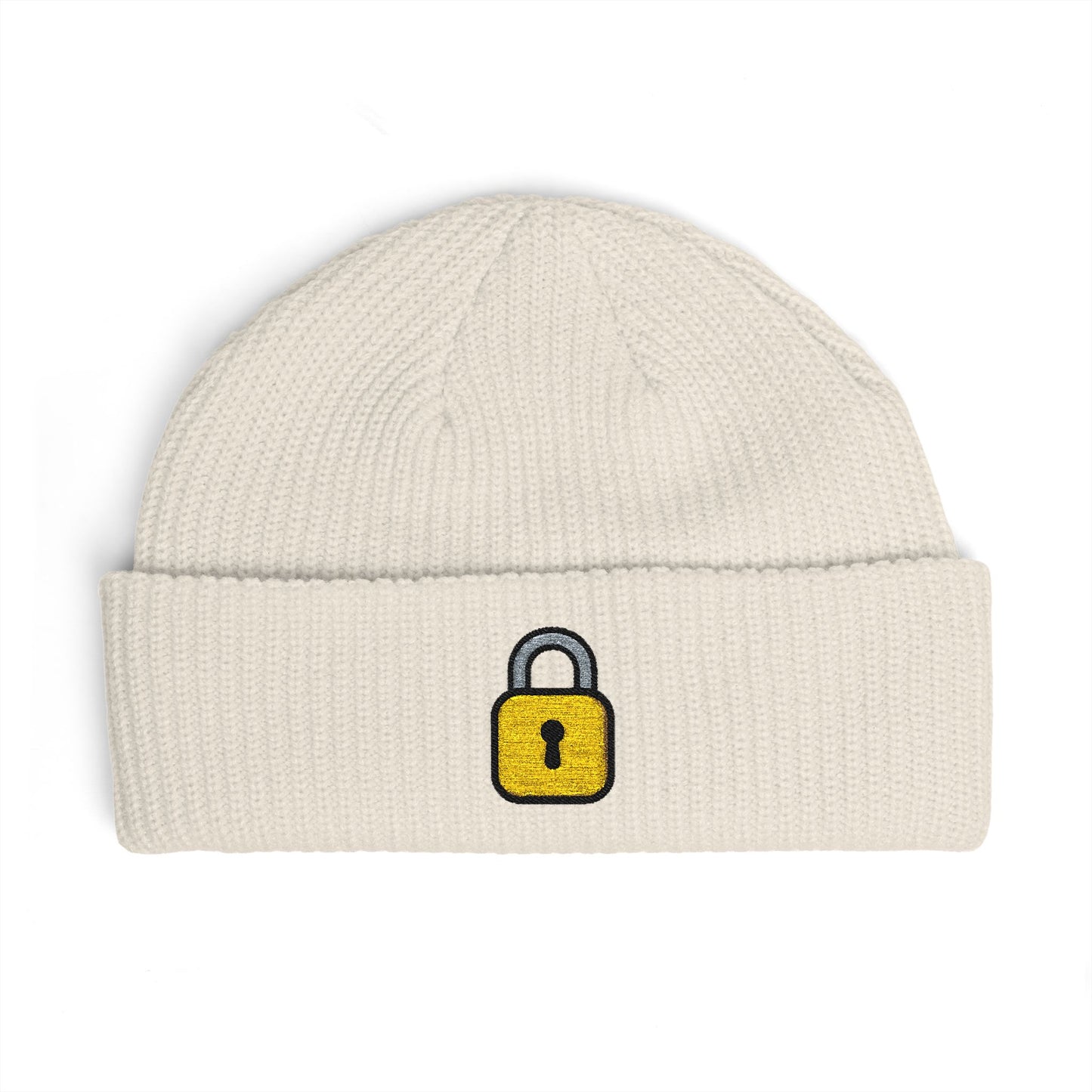 Embroidered Lock Cuff Beanie – Secure Padlock Knit Hat Hats Printify One size Ecru