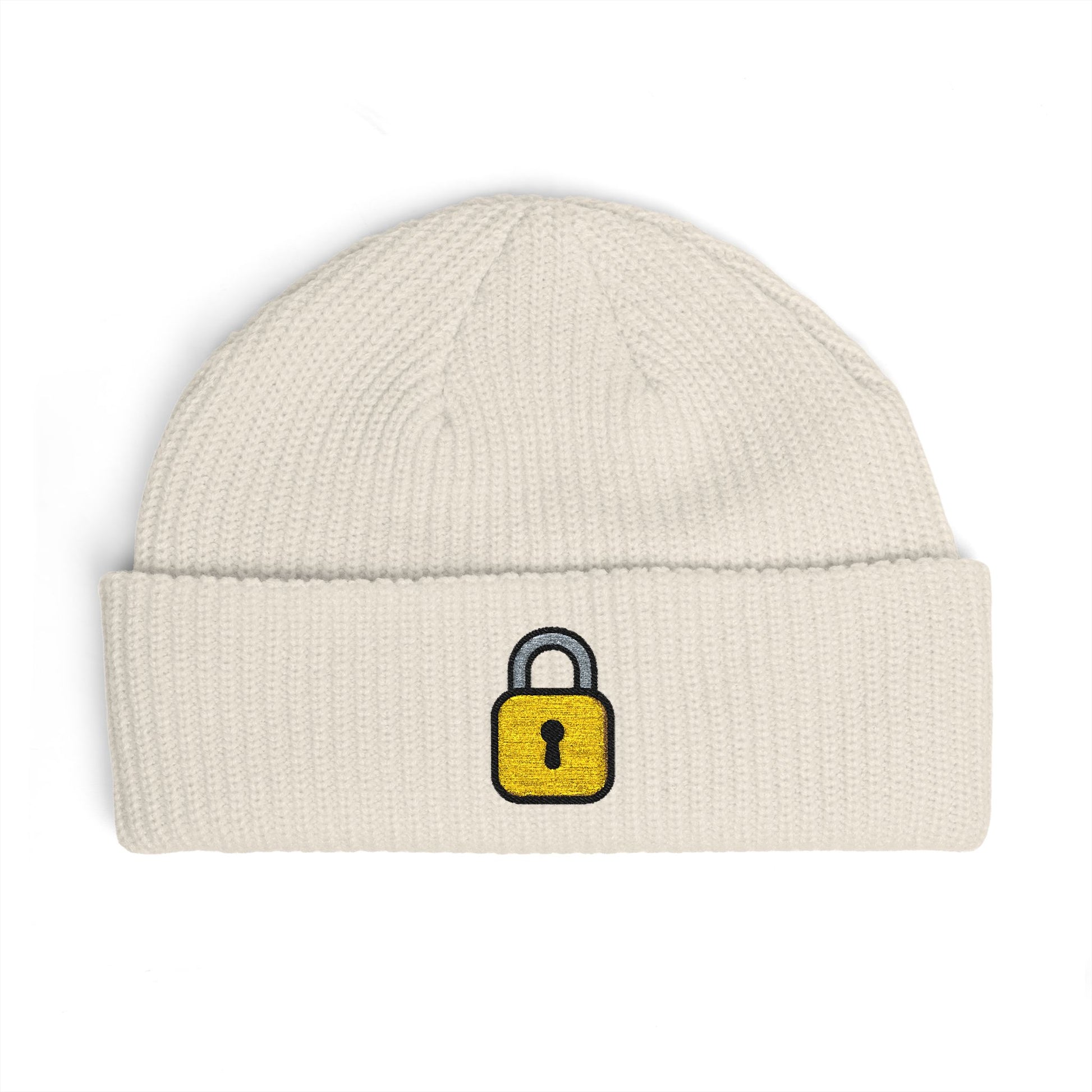 Embroidered Lock Cuff Beanie – Secure Padlock Knit Hat Hats Printify One size Ecru