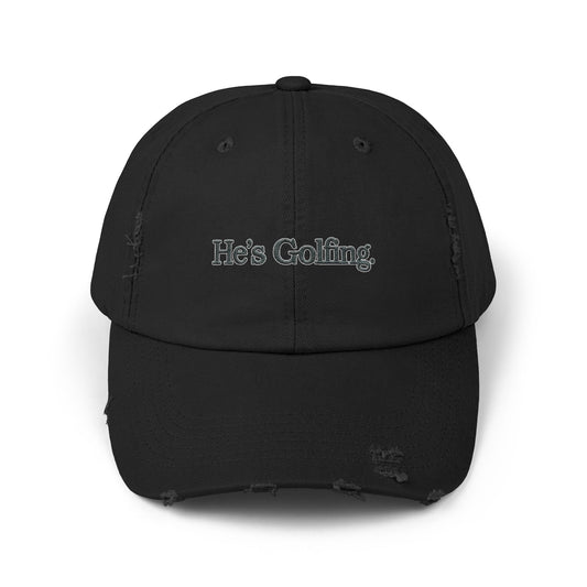 He's Goin' Distressed Dad Hat — Vintage Black Embroidered Cap Hats Printify Black One size