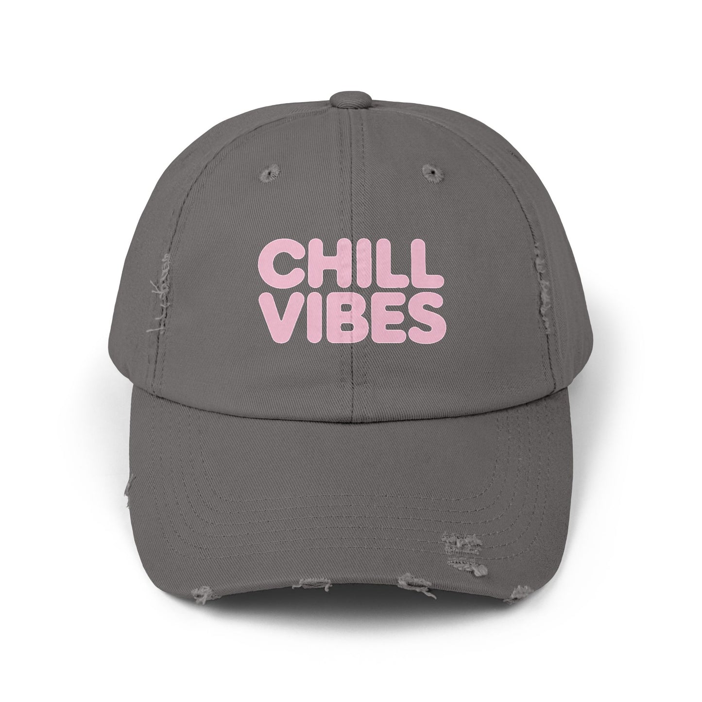 Chill Vibes Distressed Cap — Pink Text Casual Baseball Hat Hats Printify Nickel One size