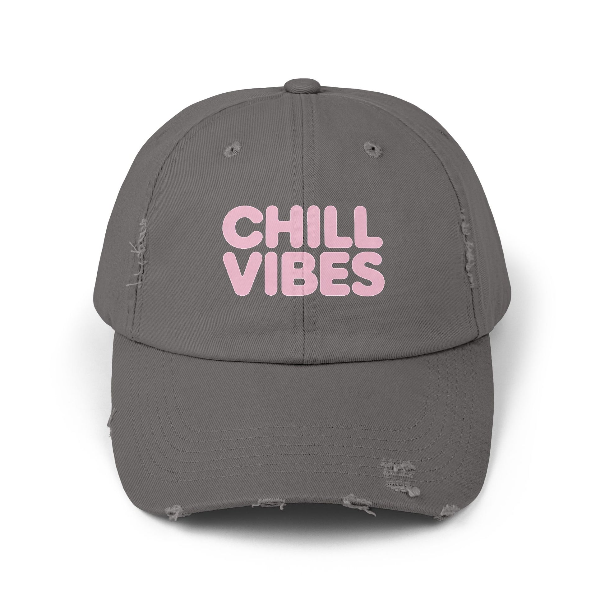 Chill Vibes Distressed Cap — Pink Text Casual Baseball Hat Hats Printify Nickel One size
