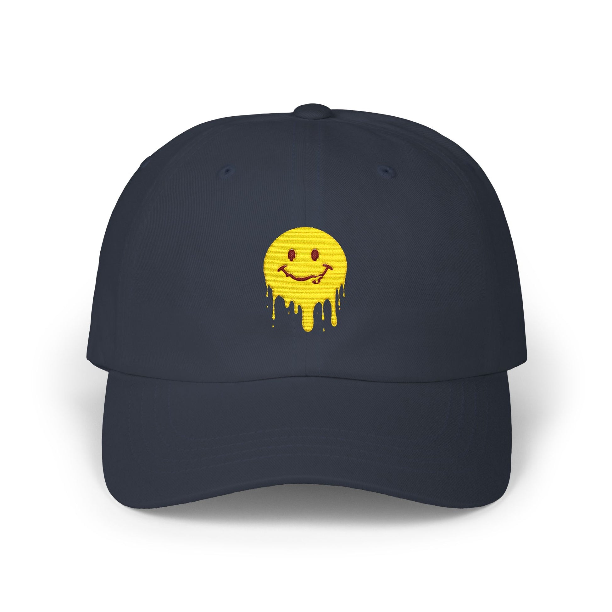 Smiling Melt Dad Cap — Dripping Smiley Embroidered Baseball Hat Hats Printify Navy One size