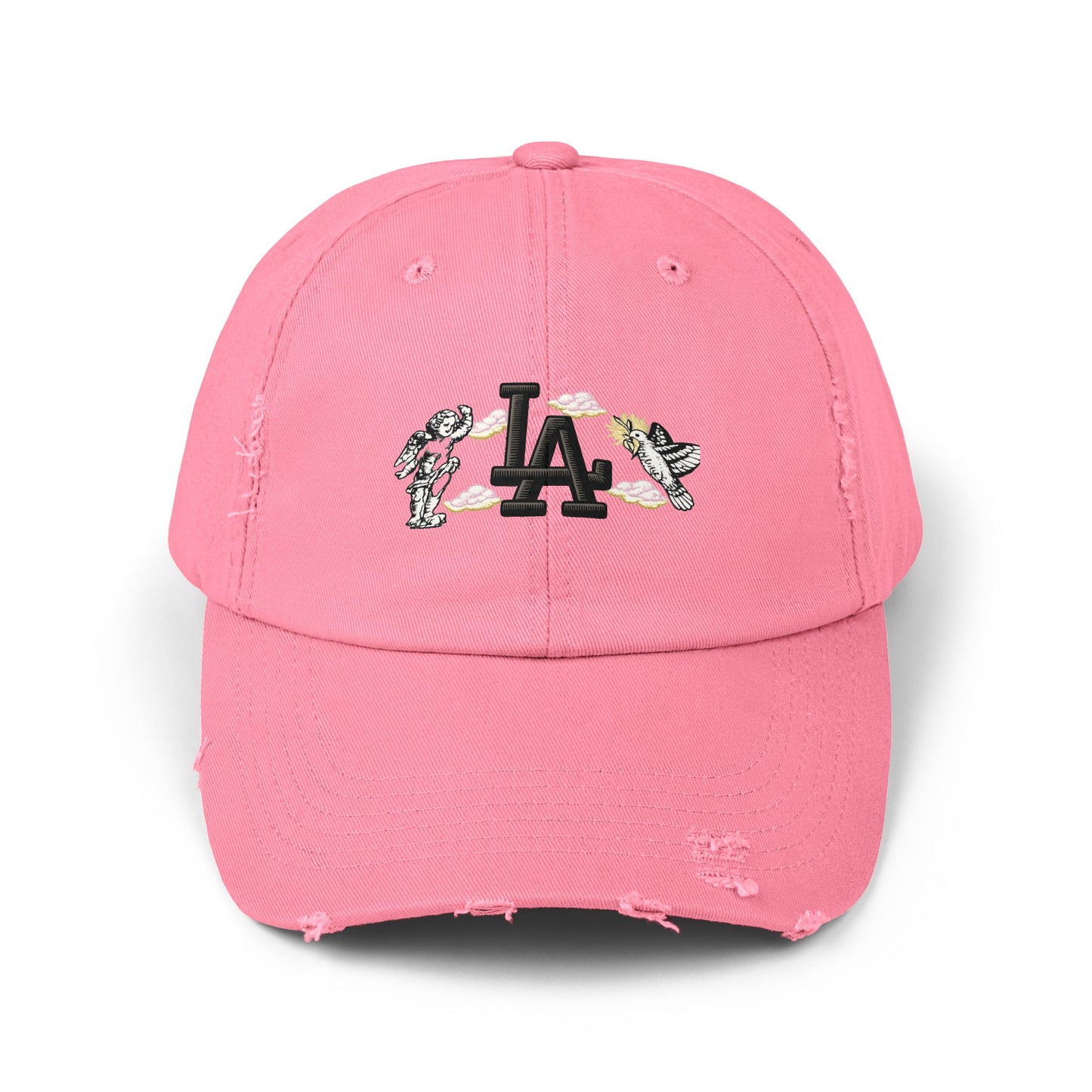 Distressed Baseball Cap — LA Logo with Angel Wings & Clouds Hats Printify True Pink One size