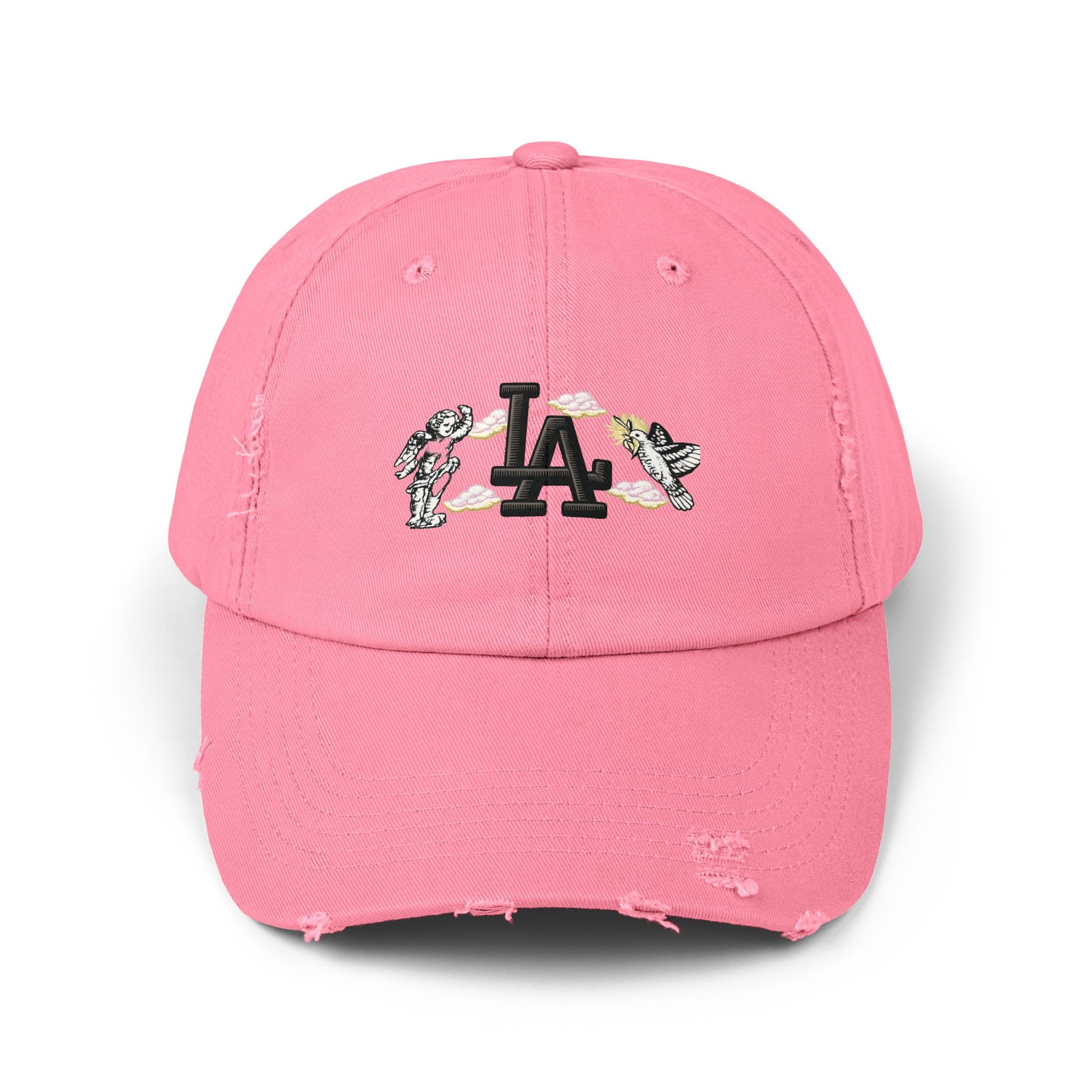 Distressed Baseball Cap — LA Logo with Angel Wings & Clouds Hats Printify True Pink One size