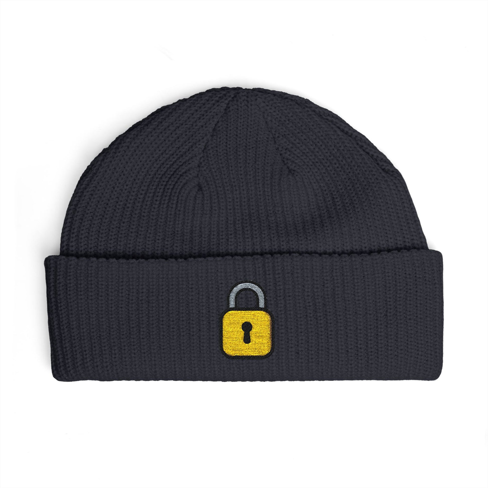Embroidered Lock Cuff Beanie – Secure Padlock Knit Hat Hats Printify One size Navy