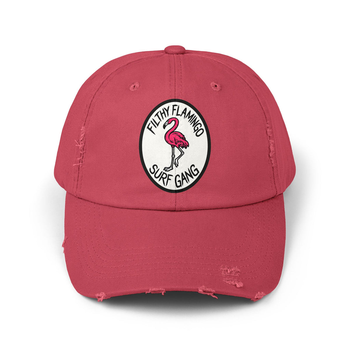 Distressed Surf Cap — "Filthy Flamingo Surf Gang" Embroidered Patch Hat Hats Printify Dashing Red One size