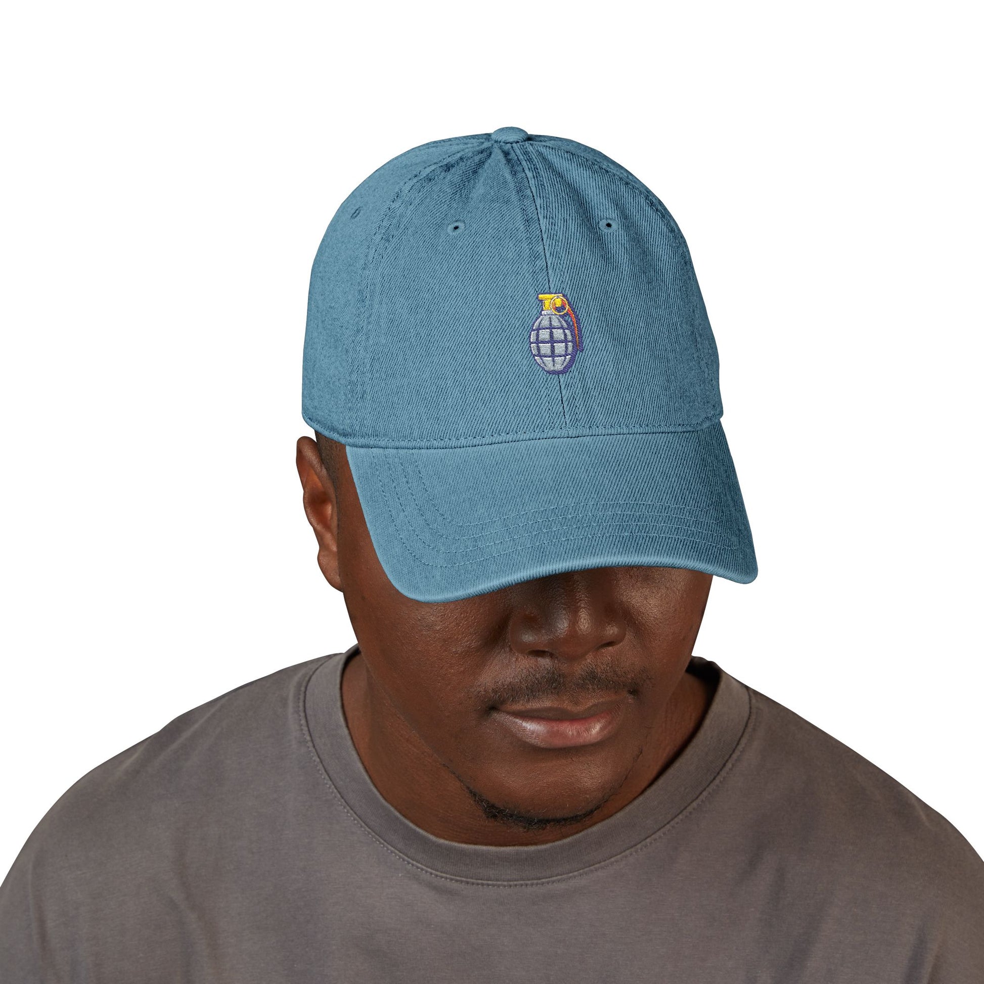 Embroidered Grenade Cap – Military-Inspired Black Denim Hat Hats Printify