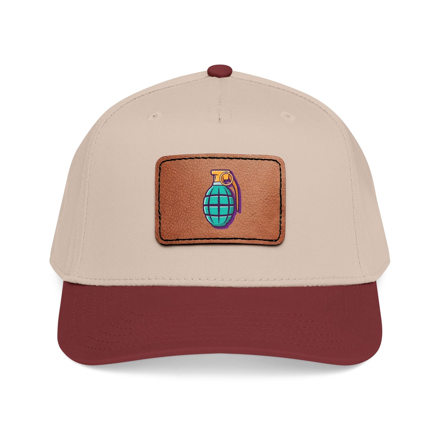 Leather Patch Baseball Cap — Retro Grenade Patch Hat Hats Printify One size Maroon / Khaki / Light Brown patch Rectangle