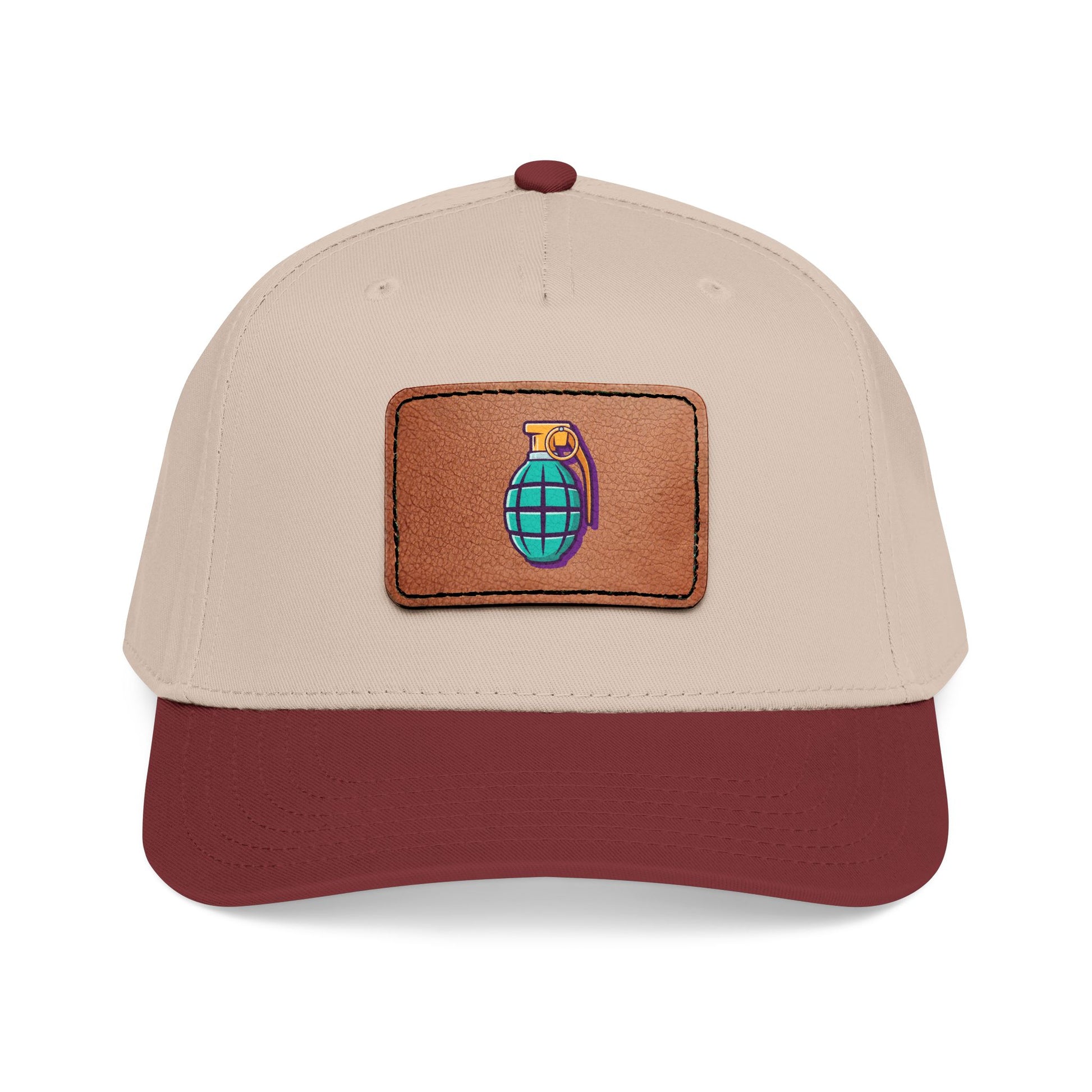Leather Patch Baseball Cap — Retro Grenade Patch Hat Hats Printify One size Maroon / Khaki / Light Brown patch Rectangle
