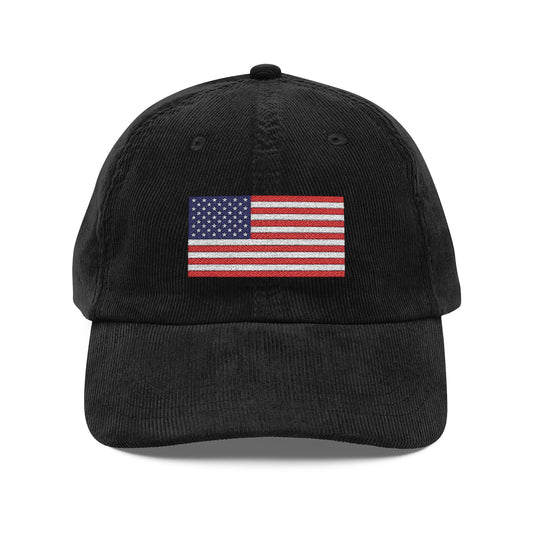 Vintage Corduroy Cap — Embroidered American Flag Dad Hat Hats Printify Black One size