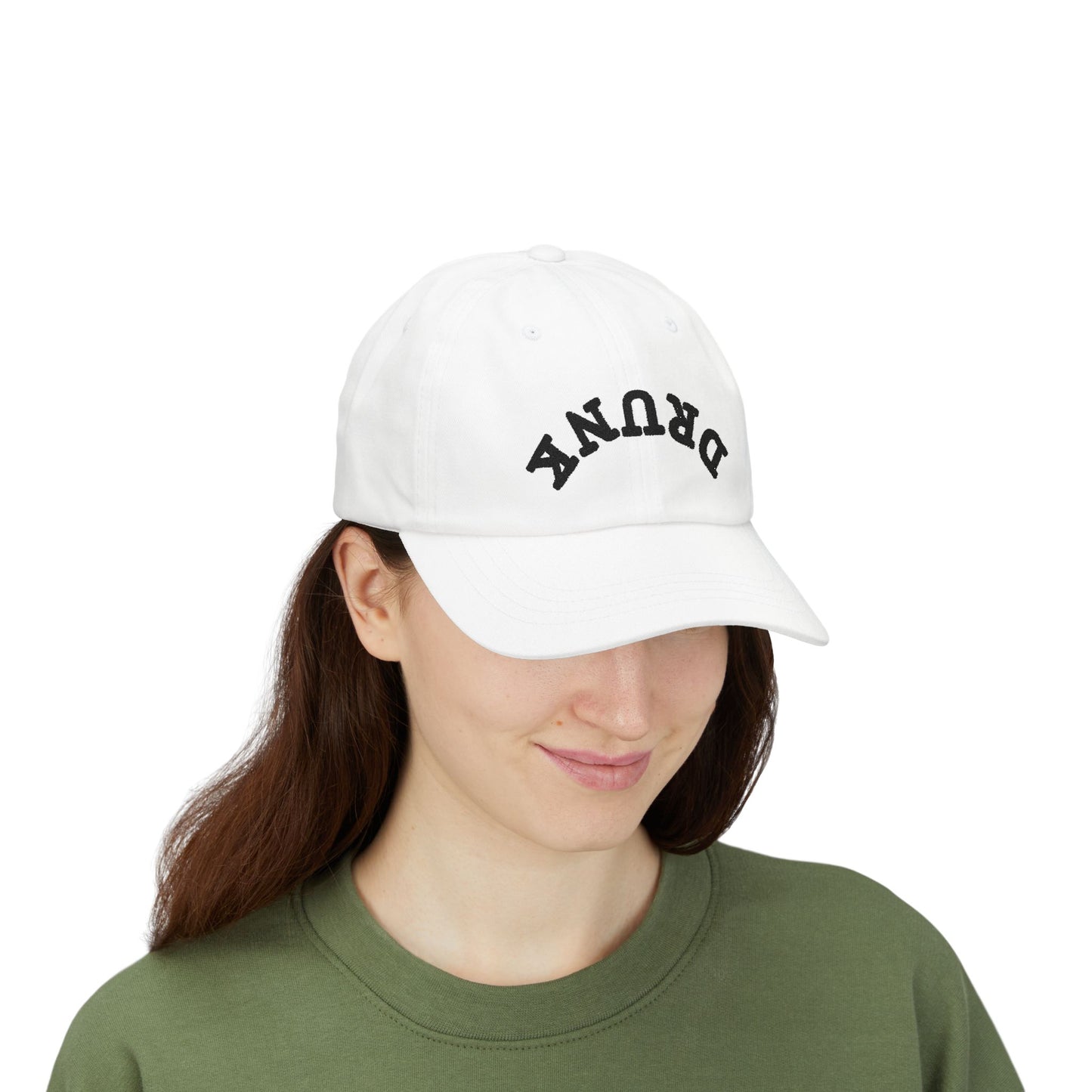 Dad Cap – 'DRUNK' Arch Embroidered White Baseball Hat