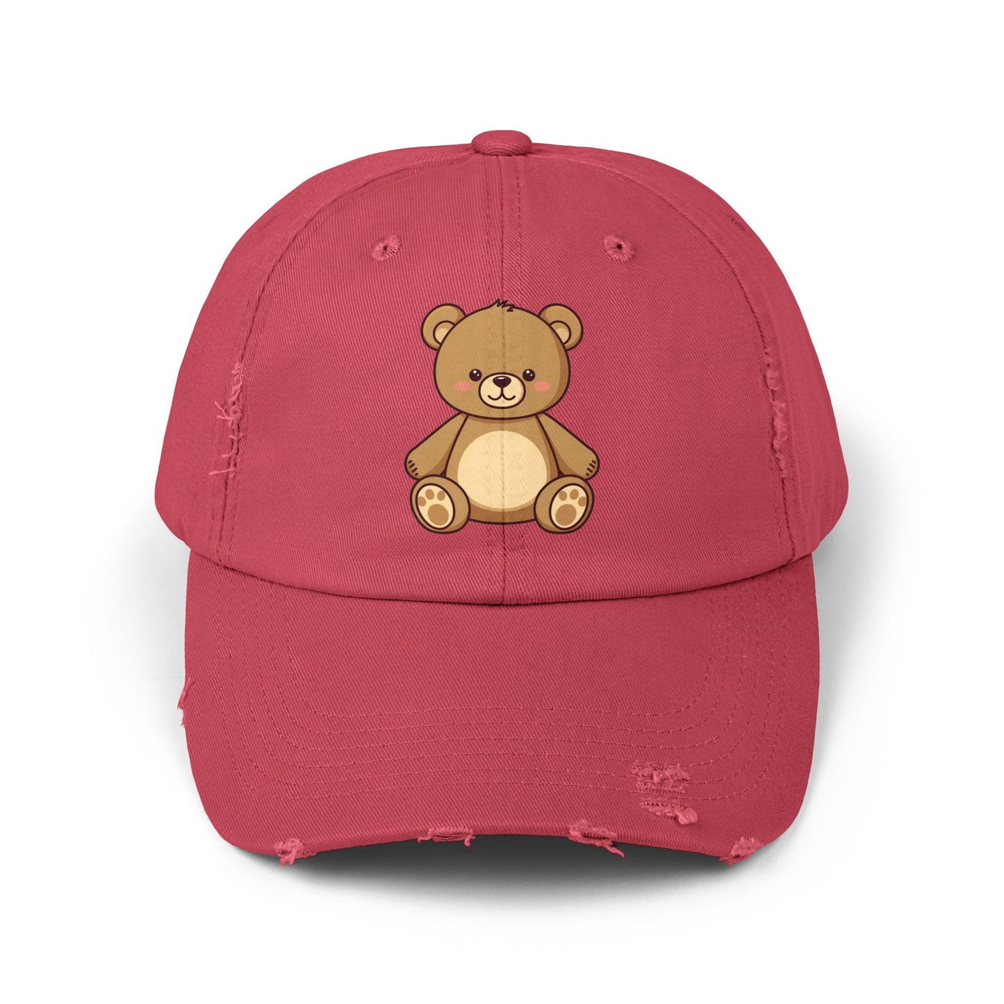 Teddy Bear Distressed Cap — Cute Retro Plush Hat for Casual Wear Hats Printify Dashing Red One size