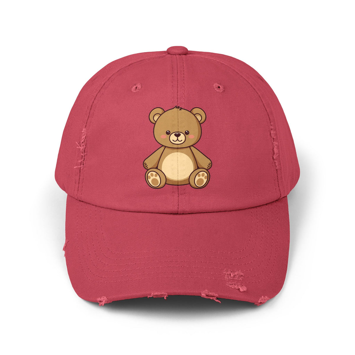 Teddy Bear Distressed Cap — Cute Retro Plush Hat for Casual Wear Hats Printify Dashing Red One size