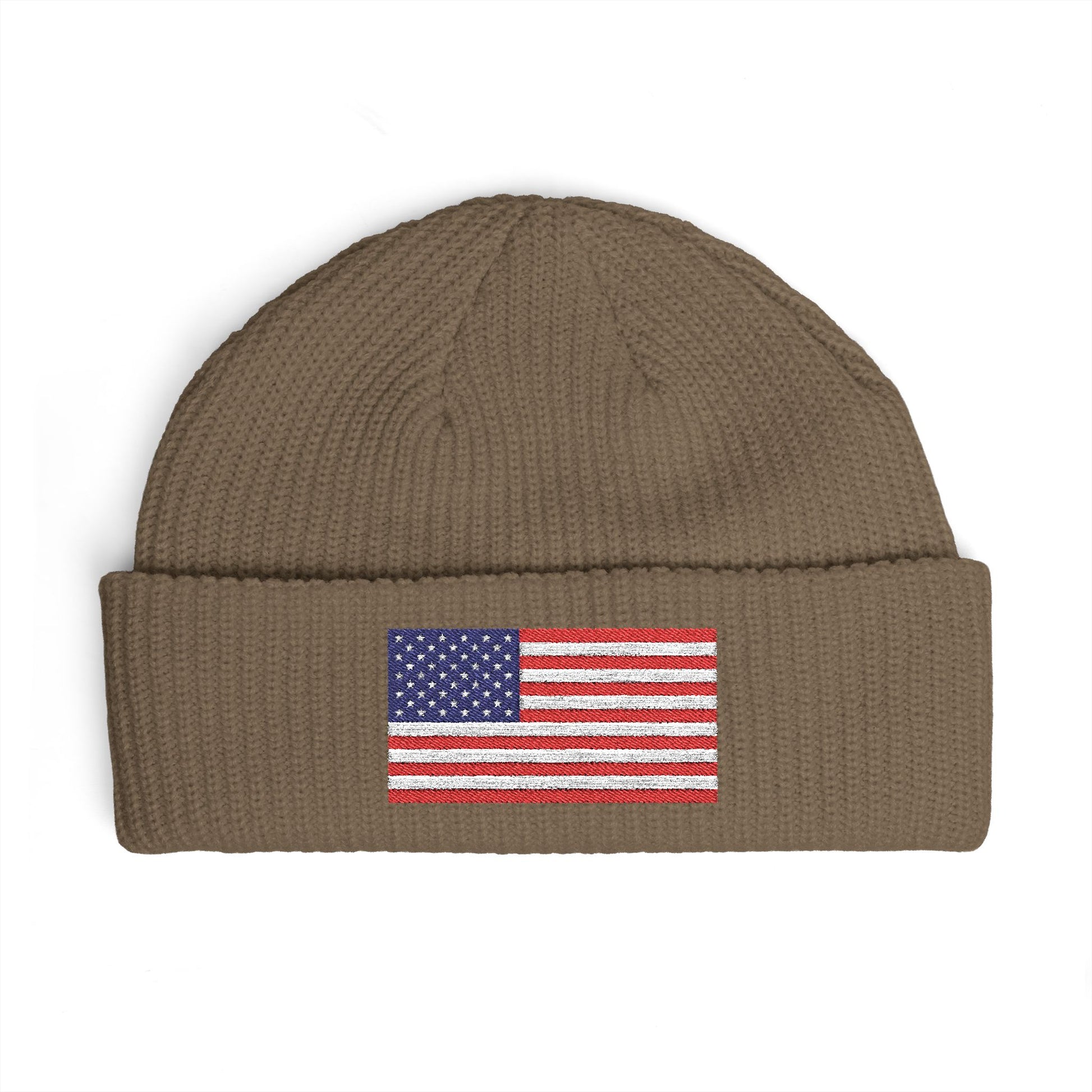 American Flag Cuff Beanie – Embroidered USA Knit Hat Hats Printify One size Walnut
